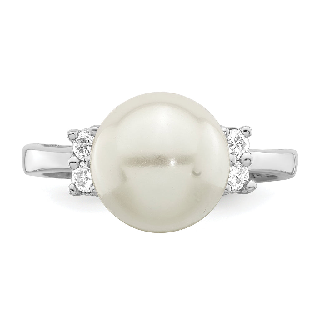 Majestik Sterling Silver Rhodium-plated 10-11mm White Imitation Shell Pearl and CZ Ring