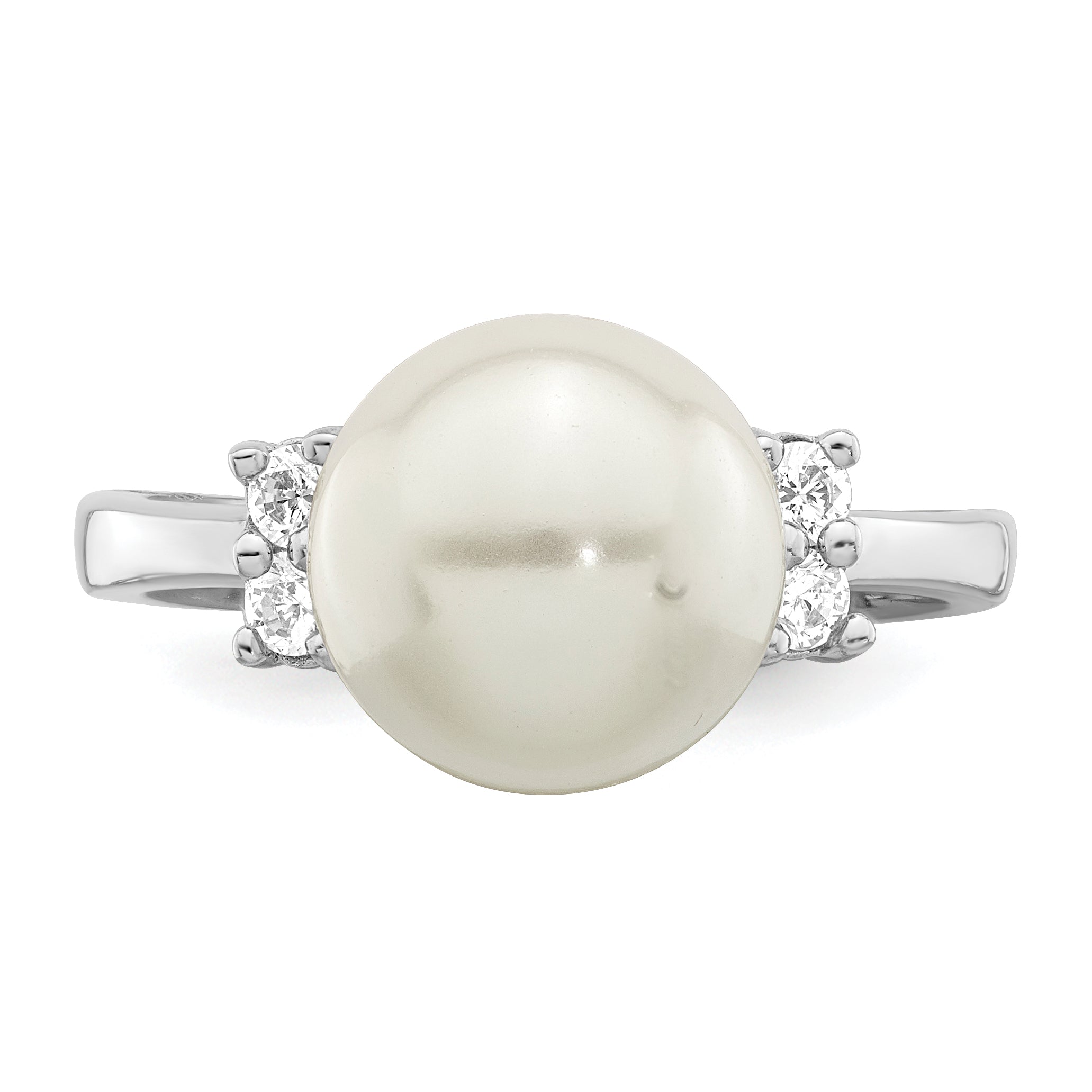 Majestik Sterling Silver Rhodium-plated 10-11mm White Imitation Shell Pearl and CZ Ring