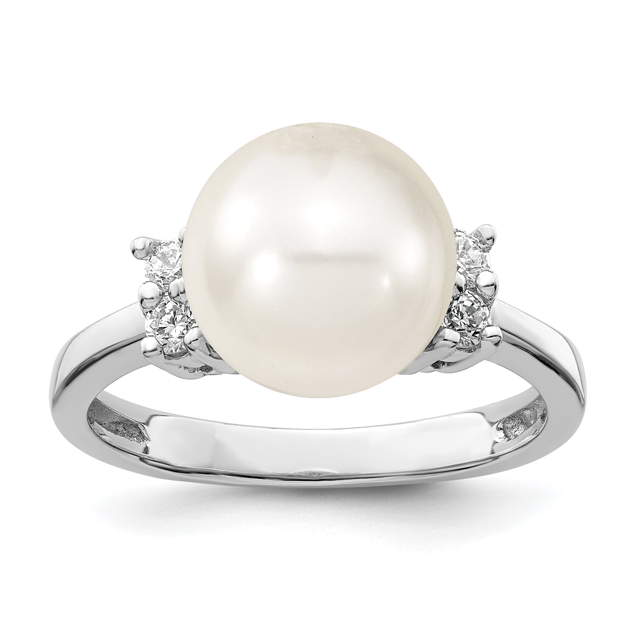 Majestik Sterling Silver Rhodium-plated Size 8 10-11mm White Imitation Shell Pearl and CZ Ring Main image