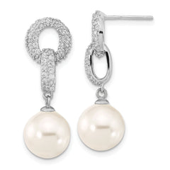 Majestik Sterling Silver Rhodium-plated 10-11mm White Imitation Shell Pearl and CZ Earrings and Spring Ring Clasp 17 inch Necklace Set