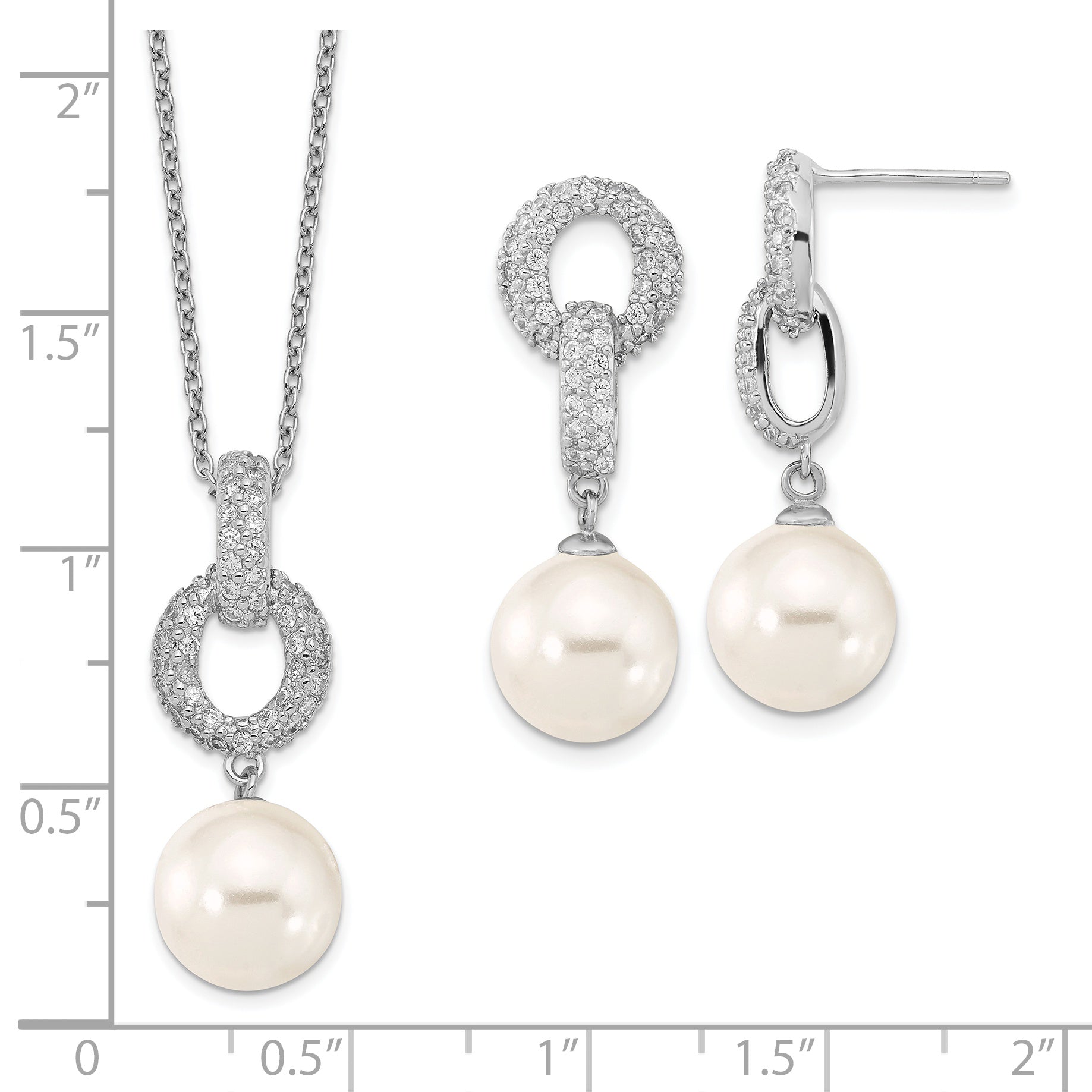 Majestik Sterling Silver Rhodium-plated 10-11mm White Imitation Shell Pearl and CZ Earrings and Spring Ring Clasp 17 inch Necklace Set