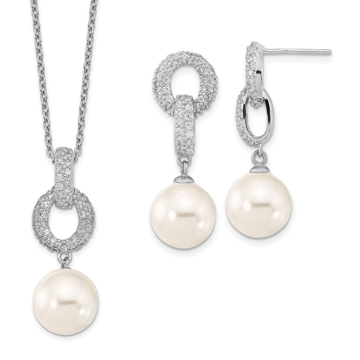 Majestik Sterling Silver Rhodium-plated 10-11mm White Imitation Shell Pearl and CZ Earrings and Spring Ring Clasp 17 inch Necklace Set