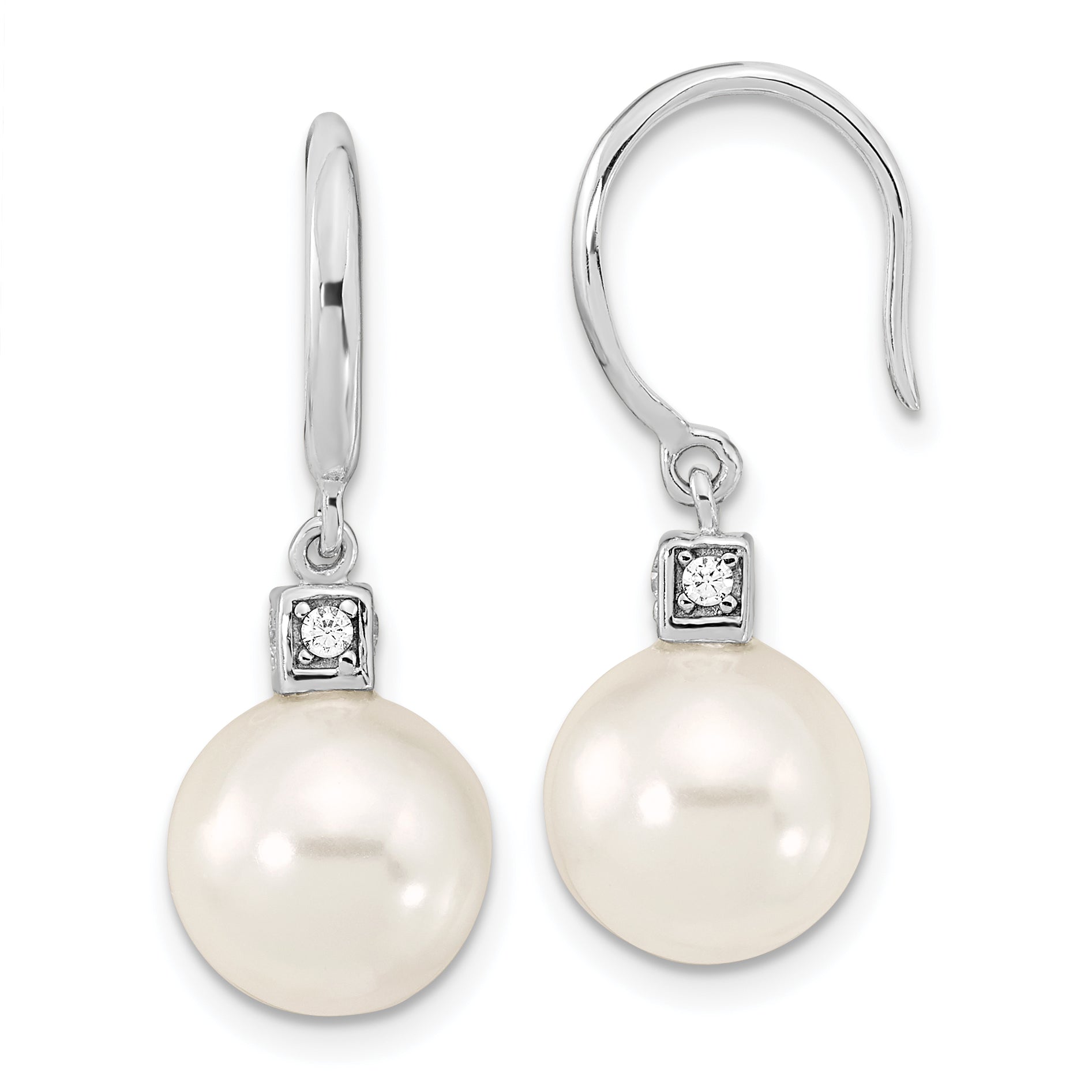 Majestik Sterling Silver Rhodium-plated 10-11mm White Imitation Shell Pearl and CZ Earrings and Spring Ring Clasp 17 inch Necklace Set