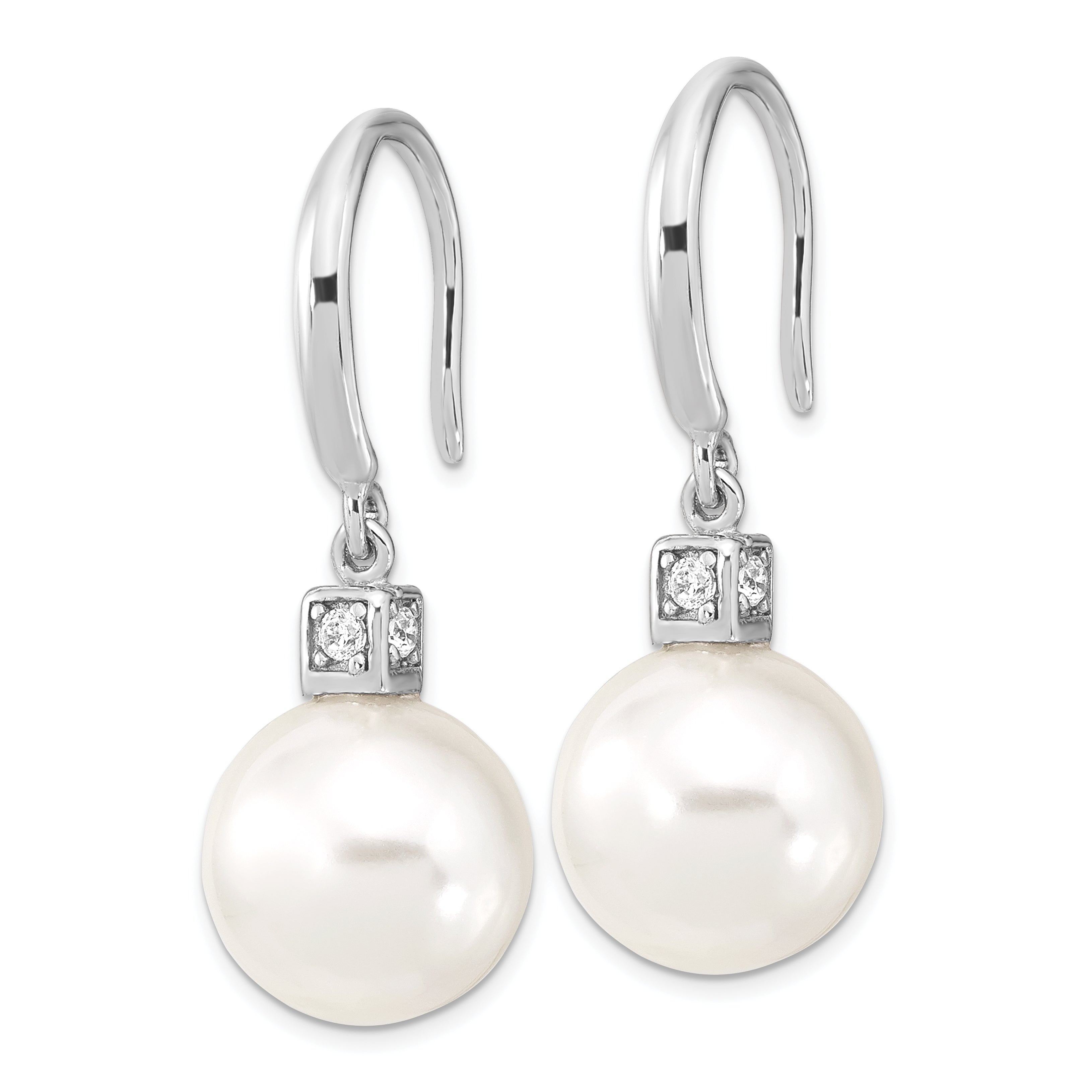 Majestik Sterling Silver Rhodium-plated 10-11mm White Imitation Shell Pearl and CZ Earrings and Spring Ring Clasp 17 inch Necklace Set