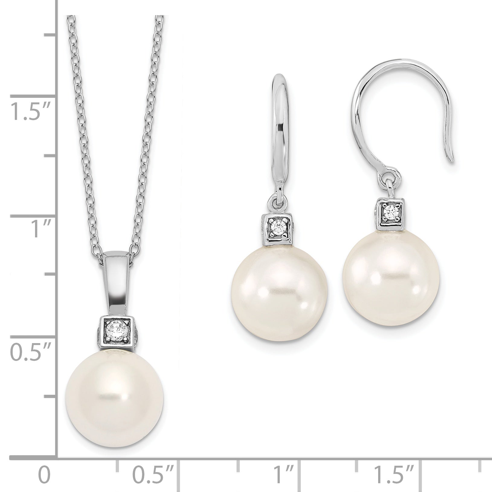 Majestik Sterling Silver Rhodium-plated 10-11mm White Imitation Shell Pearl and CZ Earrings and Spring Ring Clasp 17 inch Necklace Set