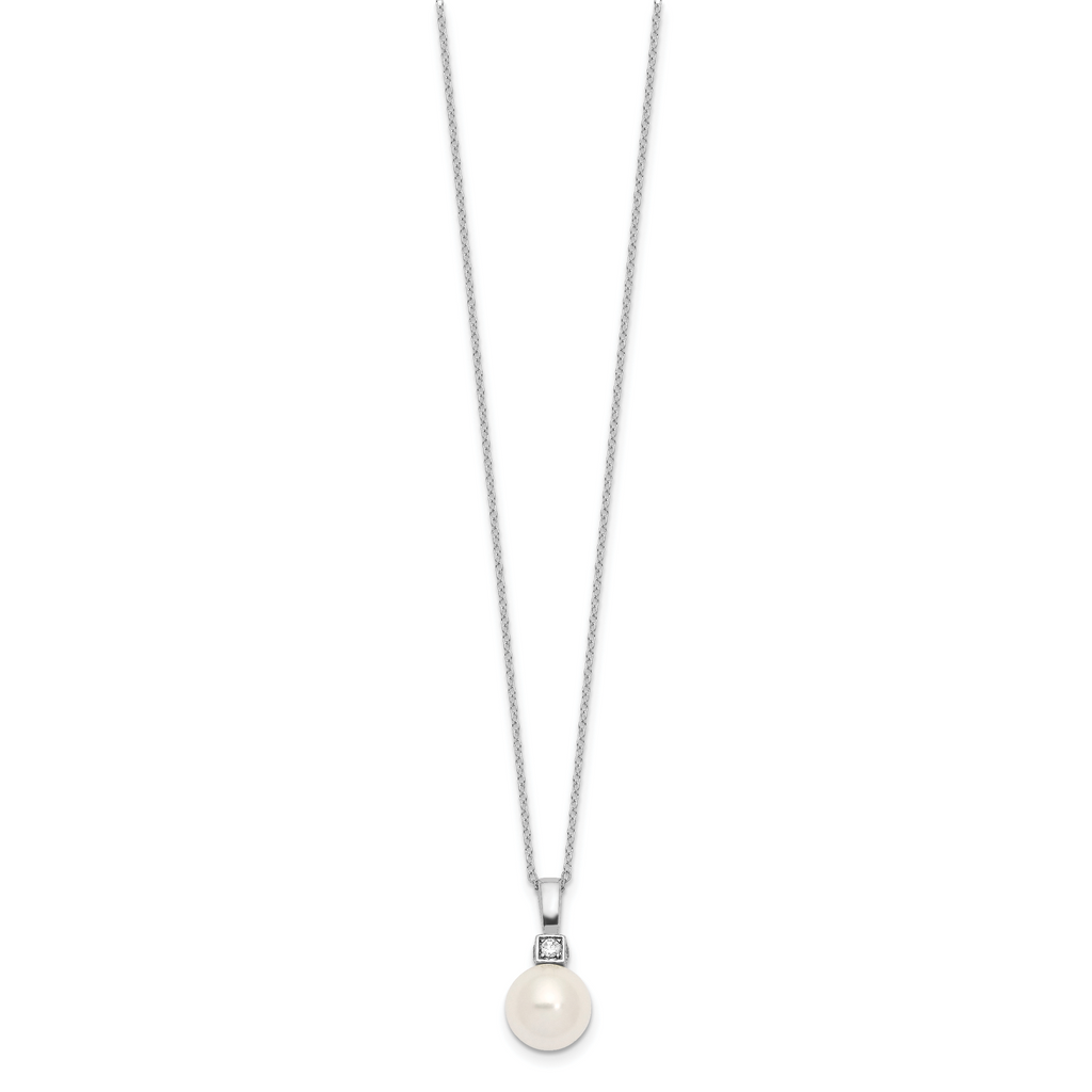 Majestik Sterling Silver Rhodium-plated 10-11mm White Imitation Shell Pearl and CZ Earrings and Spring Ring Clasp 17 inch Necklace Set