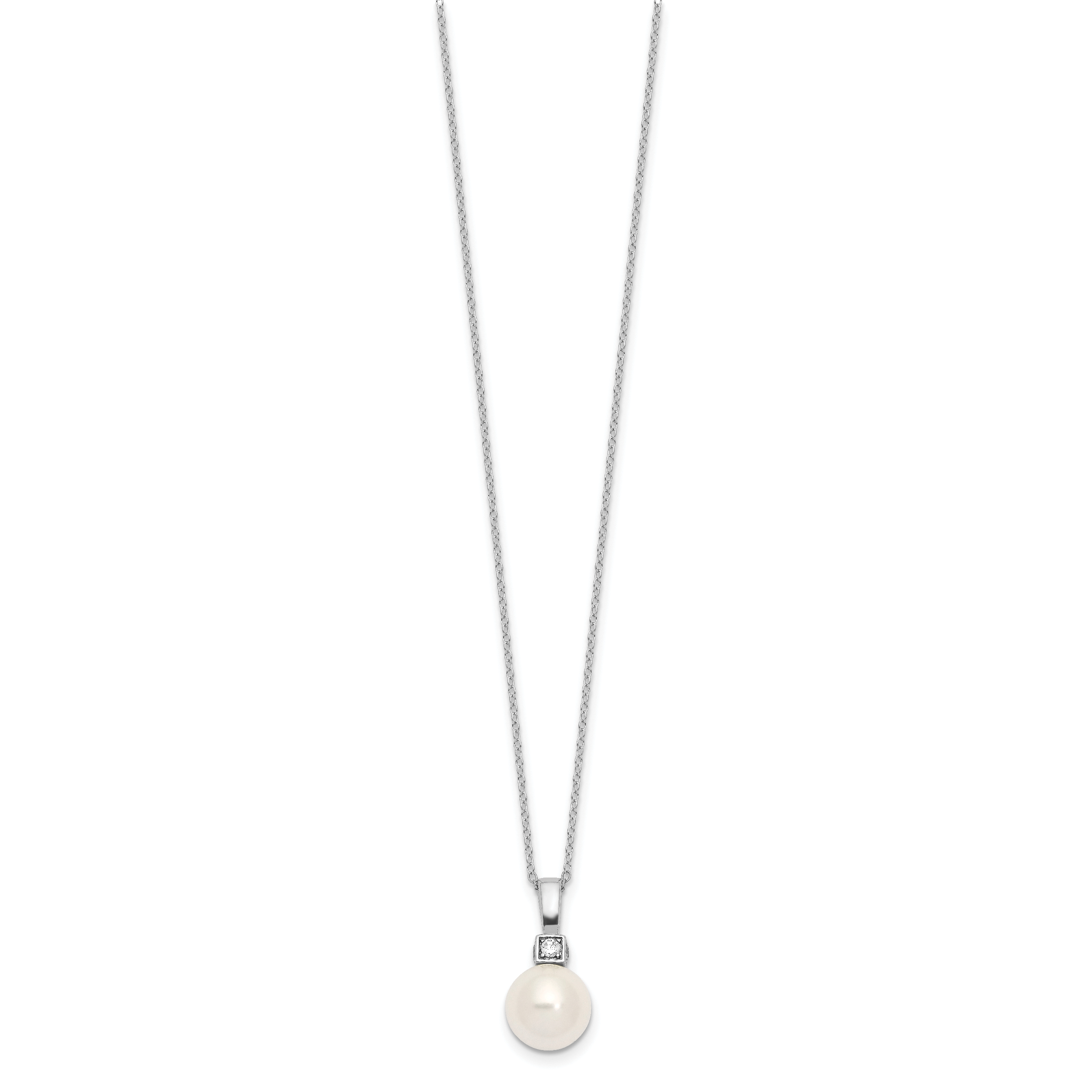 Majestik Sterling Silver Rhodium-plated 10-11mm White Imitation Shell Pearl and CZ Earrings and Spring Ring Clasp 17 inch Necklace Set