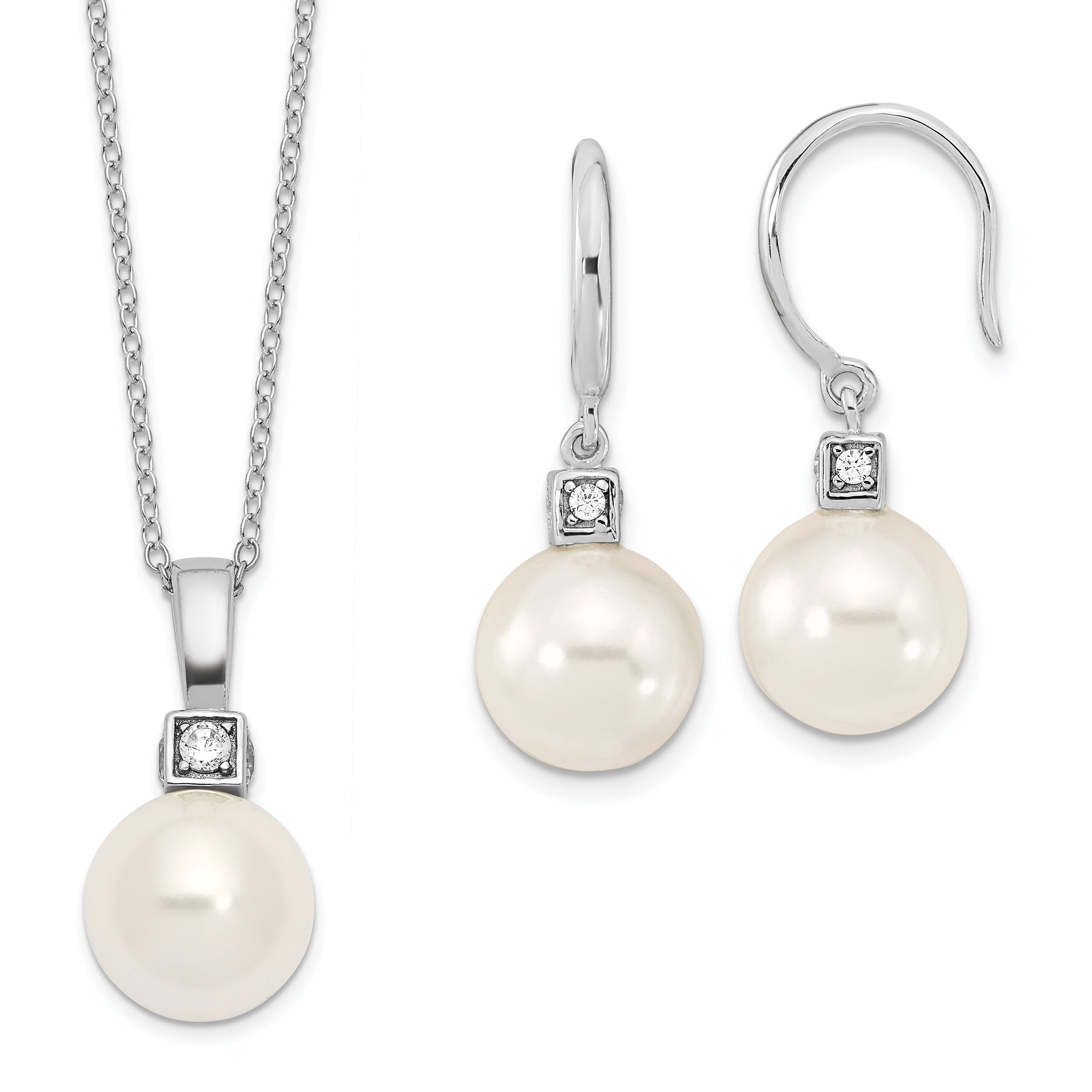 Majestik Sterling Silver Rhodium-plated 10-11mm White Imitation Shell Pearl and CZ Earrings and Spring Ring Clasp 17 inch Necklace Set