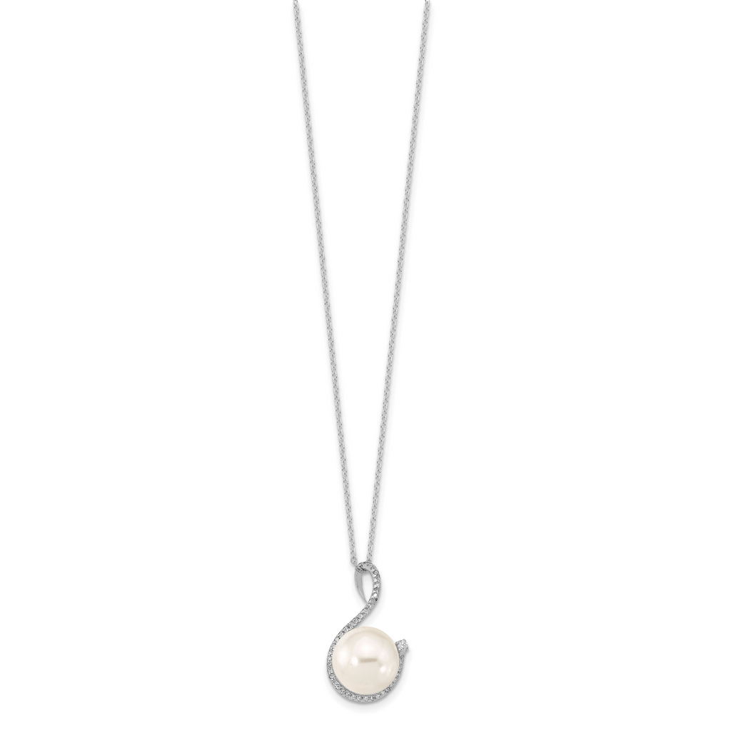 Majestik Sterling Silver Rhodium-plated 10-12mm White Imitation Shell Pearl and CZ Earrings and Spring Ring Clasp 17 inch Necklace Set