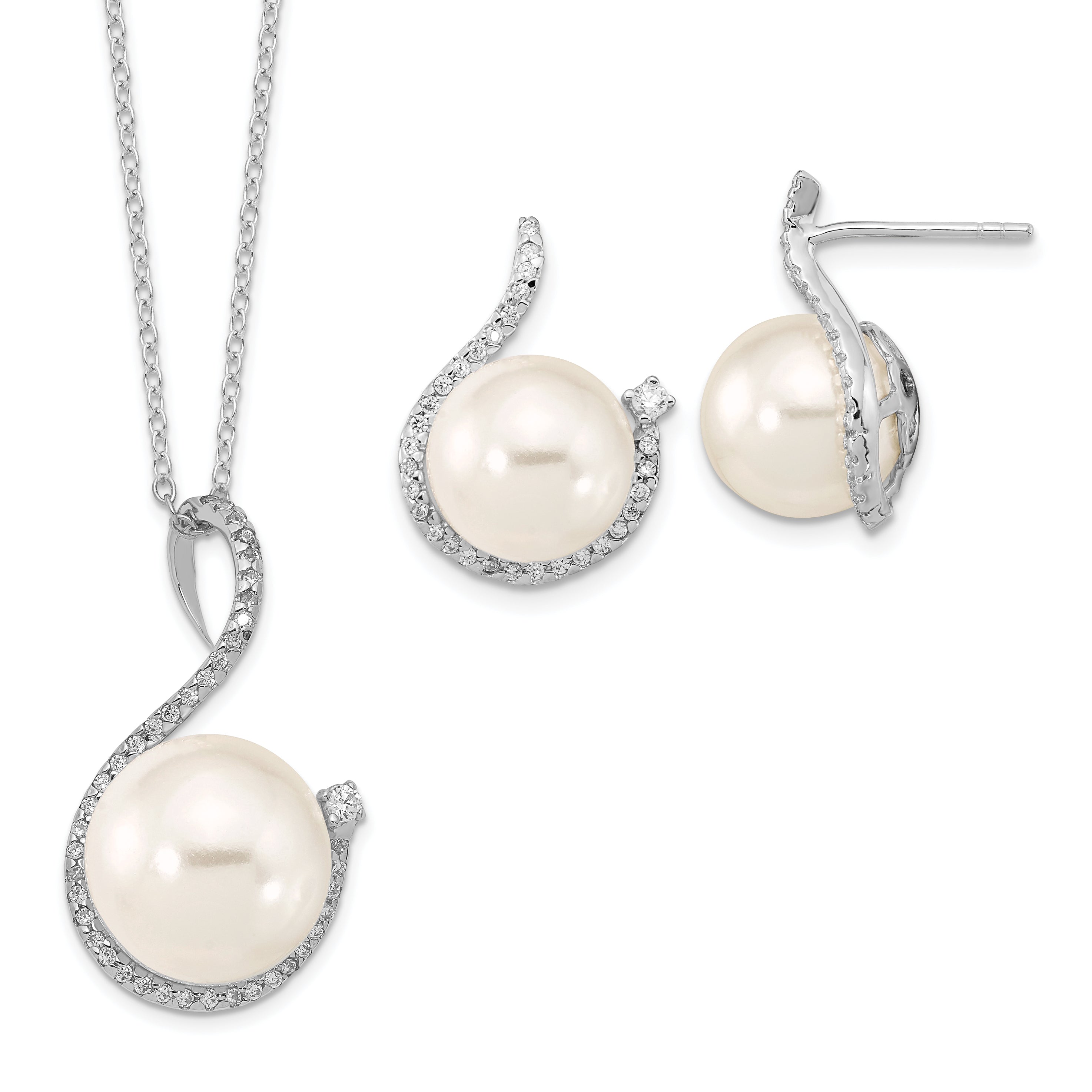Majestik Sterling Silver Rhodium-plated 10-12mm White Imitation Shell Pearl and CZ Earrings and Spring Ring Clasp 17 inch Necklace Set Main image
