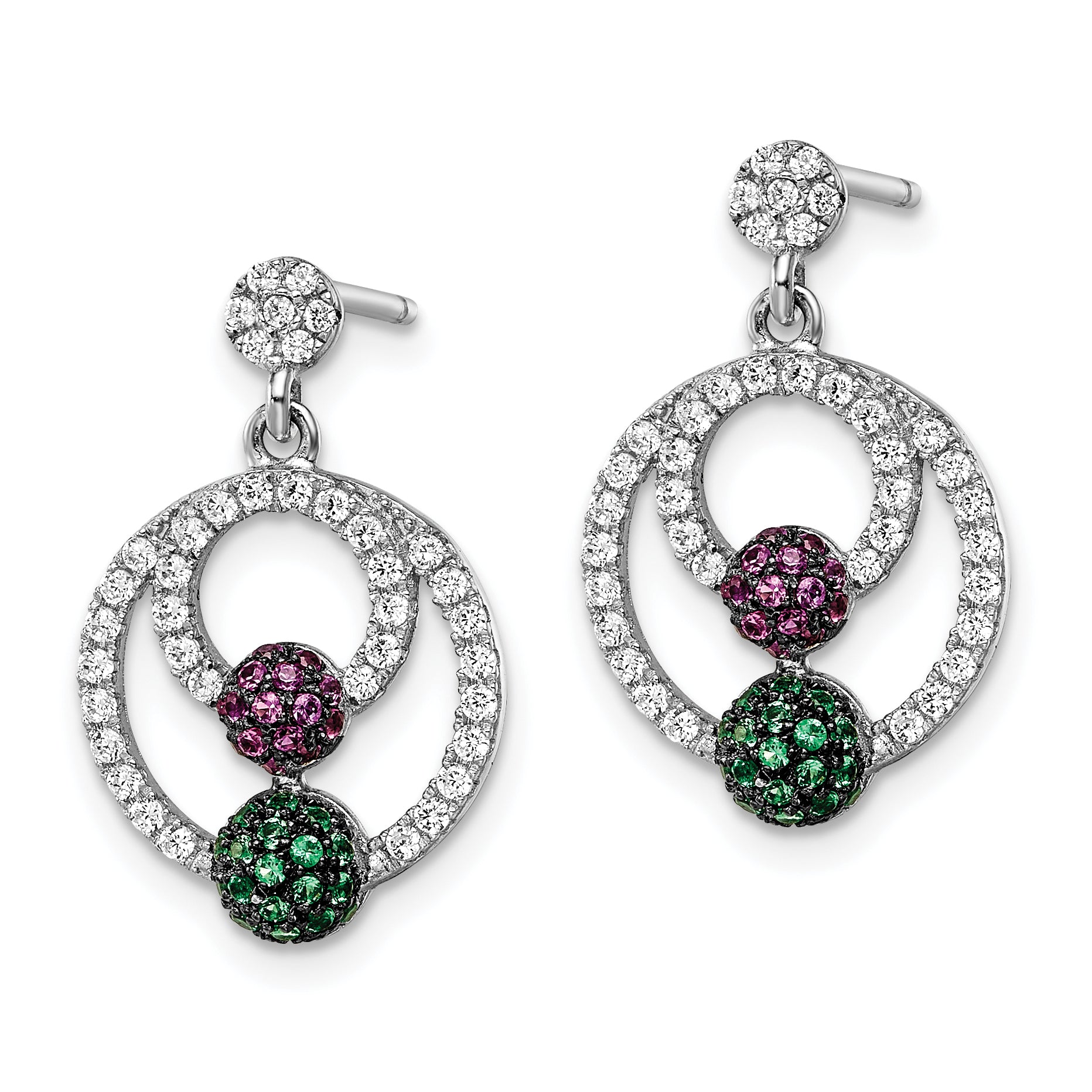 Brilliant Embers Sterling Silver Rhodium-plated 152 Stone Multi Micro Pav‚ Green Red and White CZ Circle Dangle Post Earrings