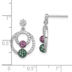 Brilliant Embers Sterling Silver Rhodium-plated 152 Stone Multi Micro Pav‚ Green Red and White CZ Circle Dangle Post Earrings