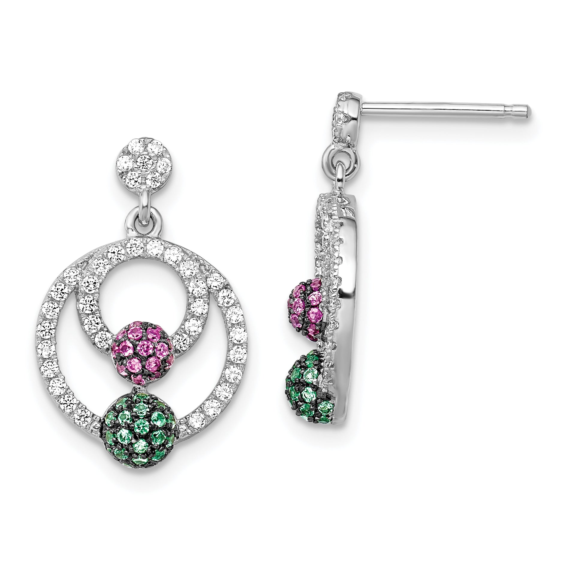 Brilliant Embers Sterling Silver Rhodium-plated 152 Stone Multi Micro Pav‚ Green Red and White CZ Circle Dangle Post Earrings Main image
