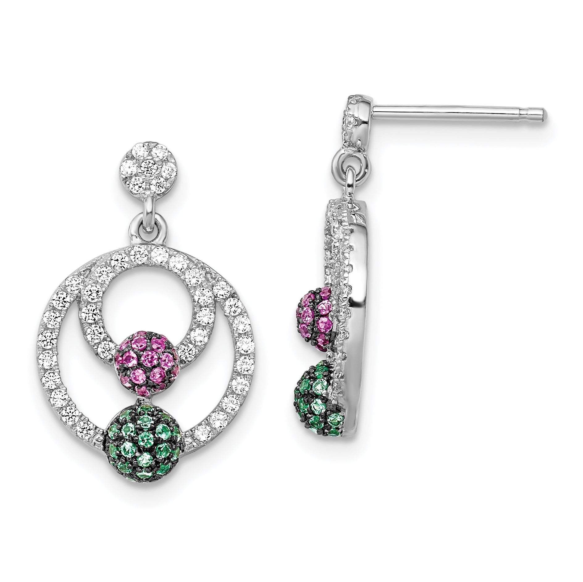 Brilliant Embers Sterling Silver Rhodium-plated 152 Stone Multi Micro Pav‚ Green Red and White CZ Circle Dangle Post Earrings