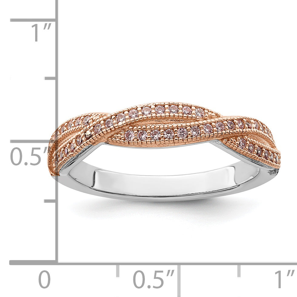 Brilliant Embers Sterling Silver Rose Gold-plated Rhodium-plated 48 Stone Criss Cross Micro Pav‚ CZ Polished Ring