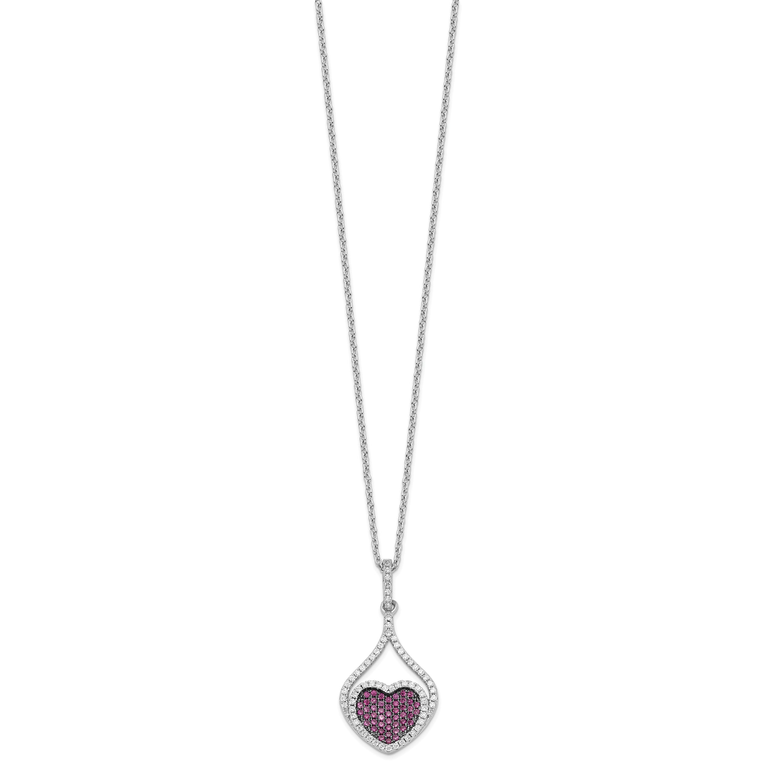 Brilliant Embers Sterling Silver Rhodium-plated 112 Stone 18 inch Red and White Micro Pav‚ CZ Heart Necklace with 2 Inch Extender