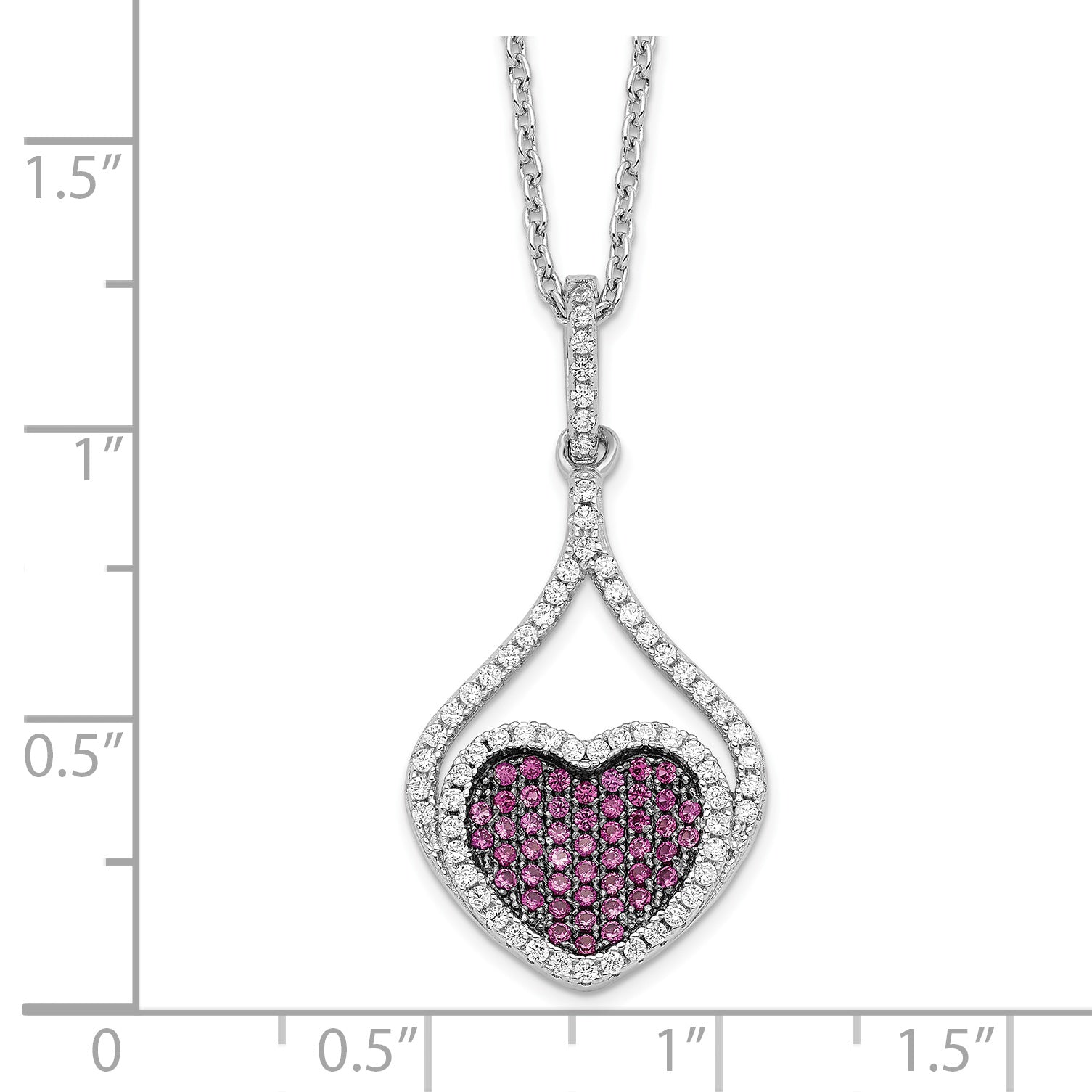 Brilliant Embers Sterling Silver Rhodium-plated 112 Stone 18 inch Red and White Micro Pav‚ CZ Heart Necklace with 2 Inch Extender