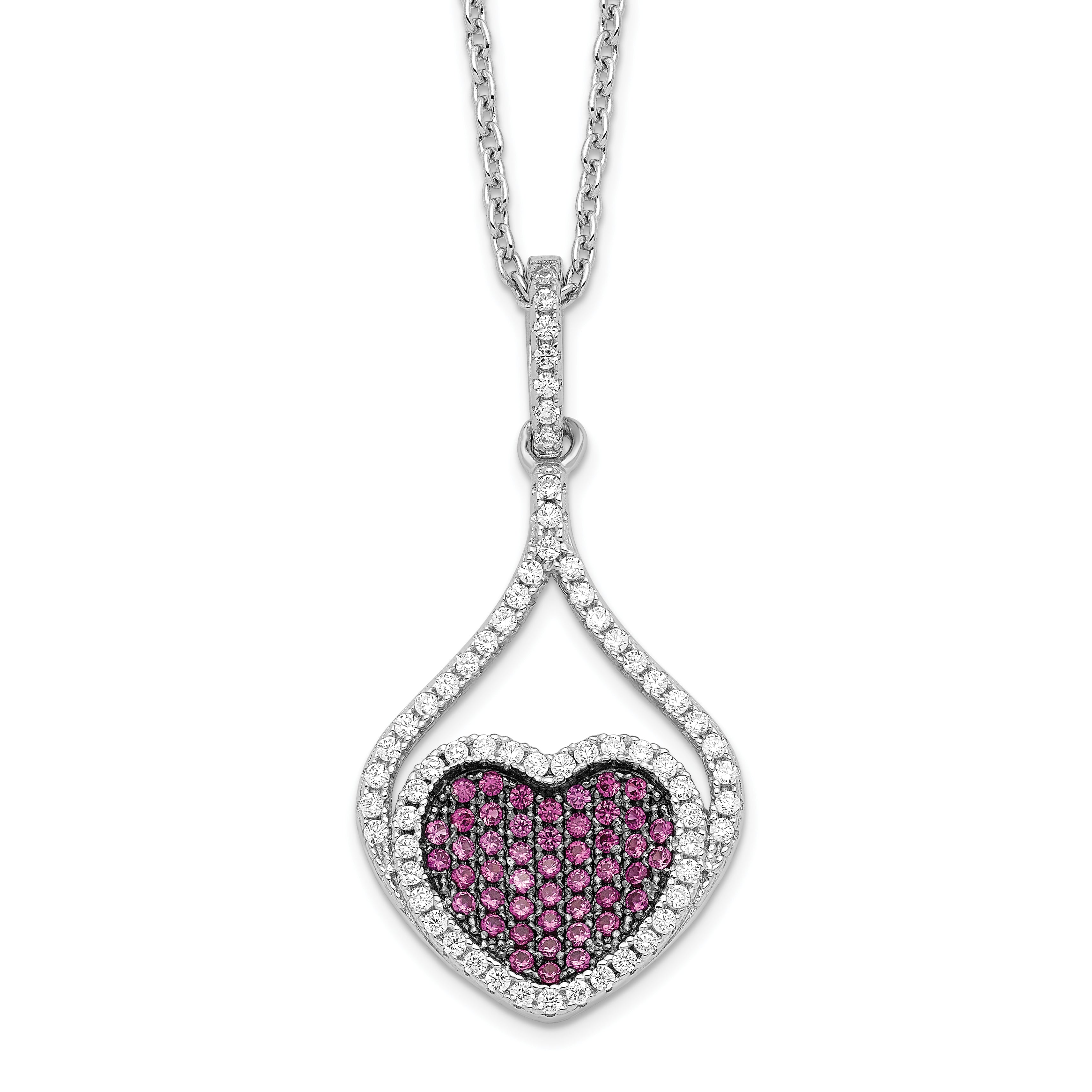 Brilliant Embers Sterling Silver Rhodium-plated 112 Stone 18 inch Red and White Micro Pav‚ CZ Heart Necklace with 2 Inch Extender