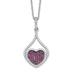 Brilliant Embers Sterling Silver Rhodium-plated 112 Stone 18 inch Red and White Micro Pav‚ CZ Heart Necklace with 2 Inch Extender