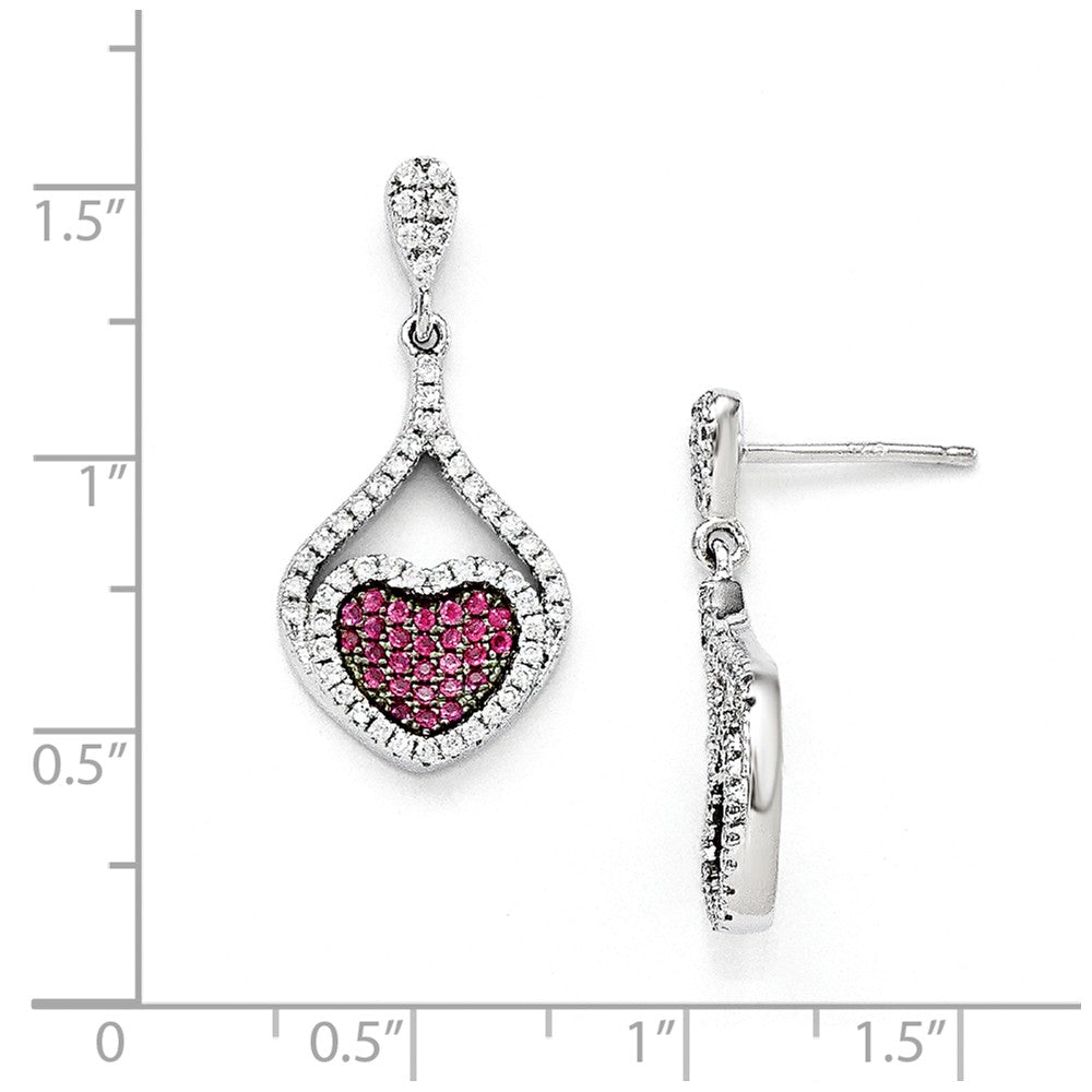 Sterling Silver Red & White CZ Brilliant Embers Heart Dangle Post Earrings