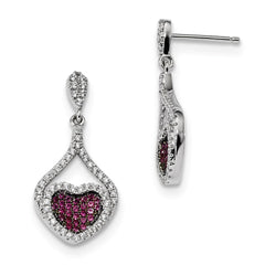 Sterling Silver Red & White CZ Brilliant Embers Heart Dangle Post Earrings