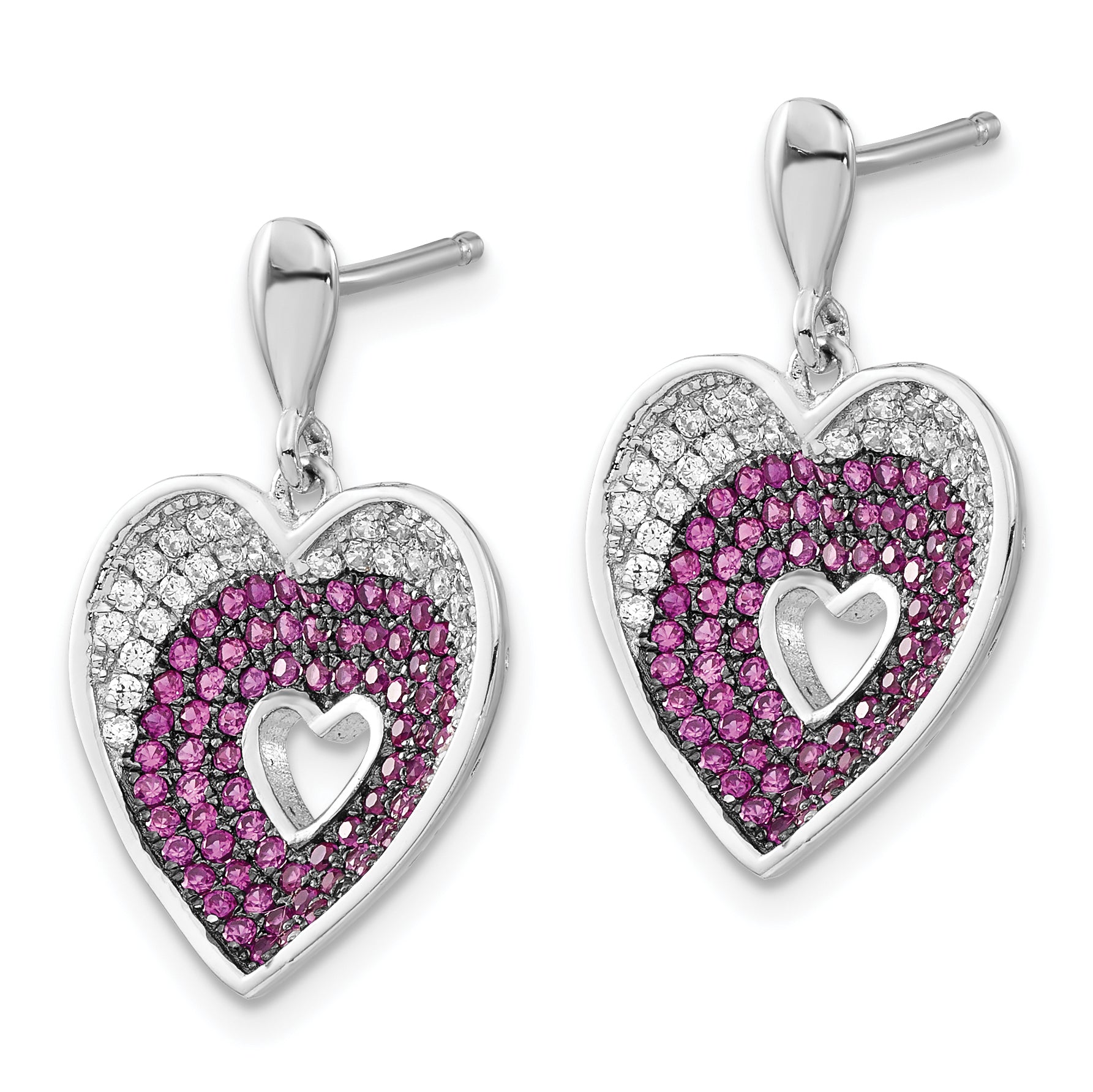 Brilliant Embers Sterling Silver Rhodium-plated Pink & Clear CZ Heart Post Dangle Earrings