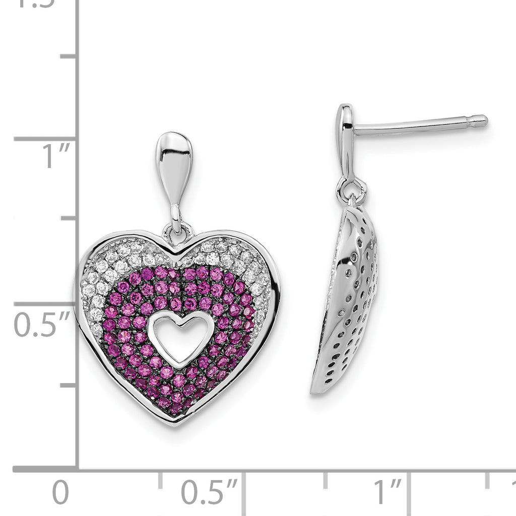 Sterling Silver CZ Heart Dangle Earrings with Polished Rhodium Finish