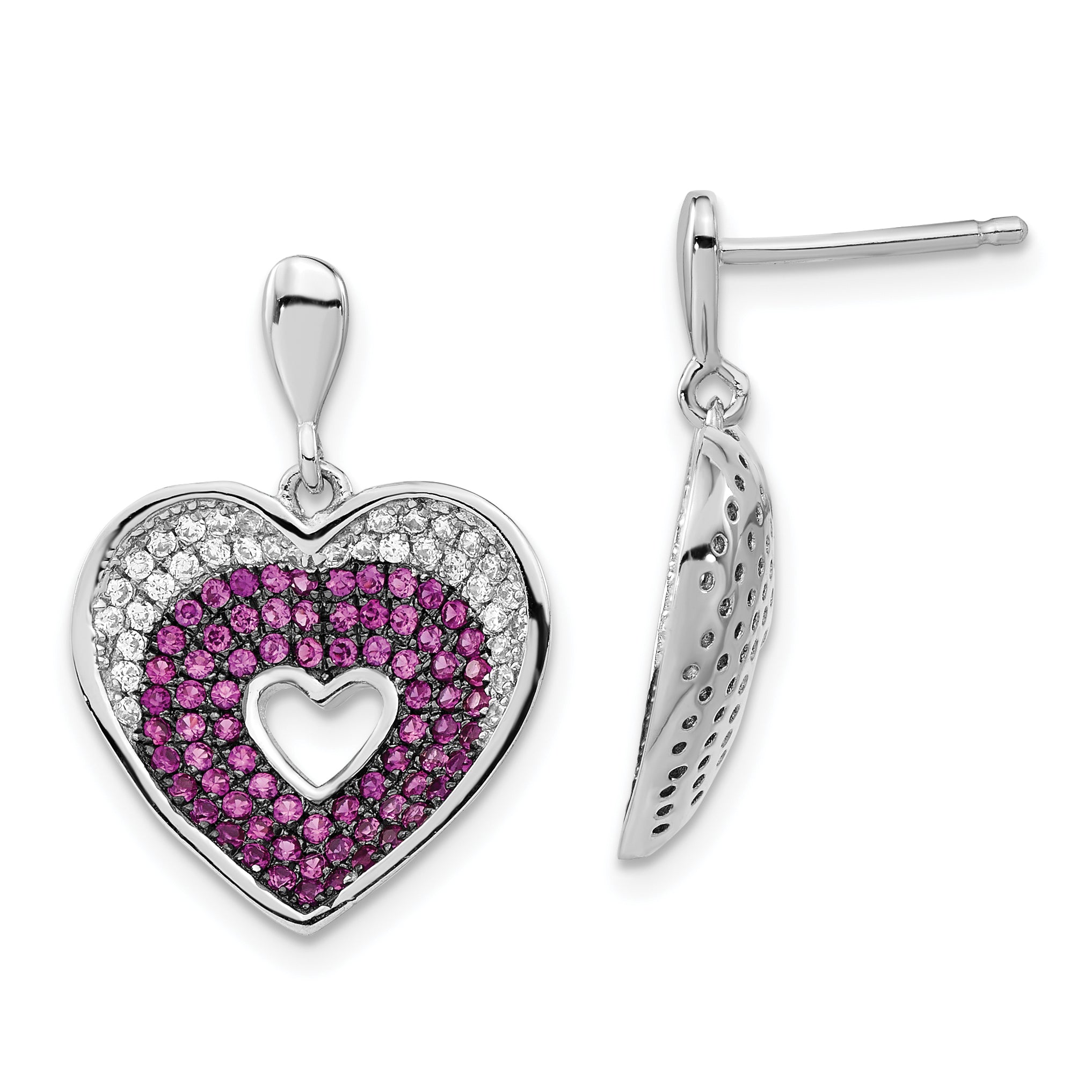 Brilliant Embers Sterling Silver Rhodium-plated Pink & Clear CZ Heart Post Dangle Earrings