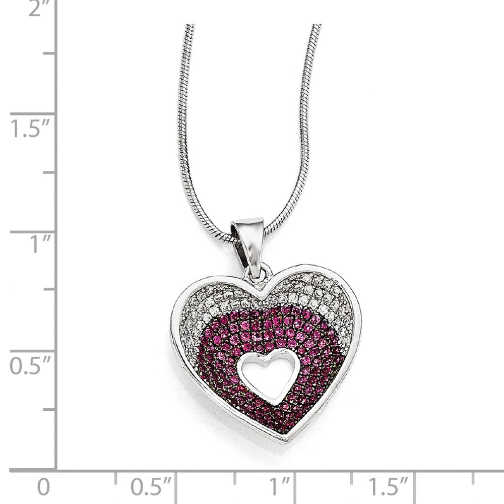 Sterling Silver White & Red CZ Brilliant Embers Polished Heart Necklace