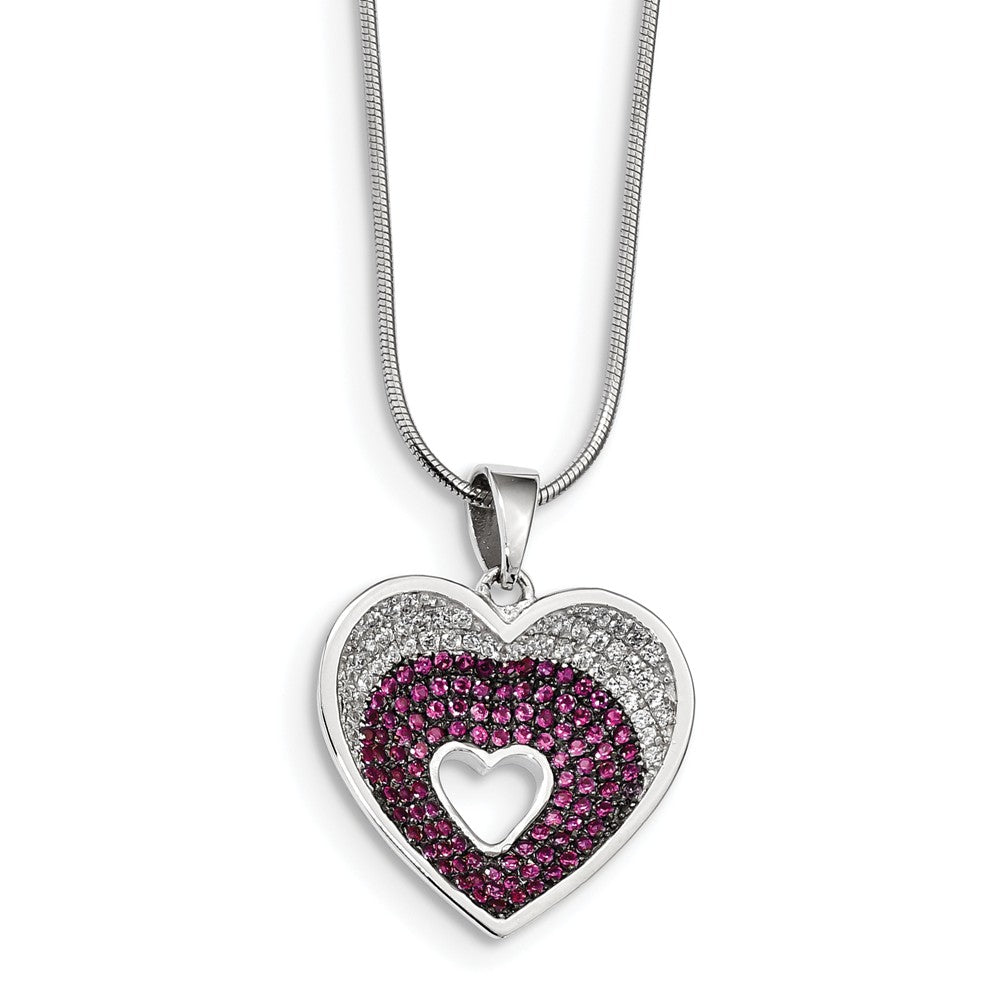 Sterling Silver White & Red CZ Brilliant Embers Polished Heart Necklace