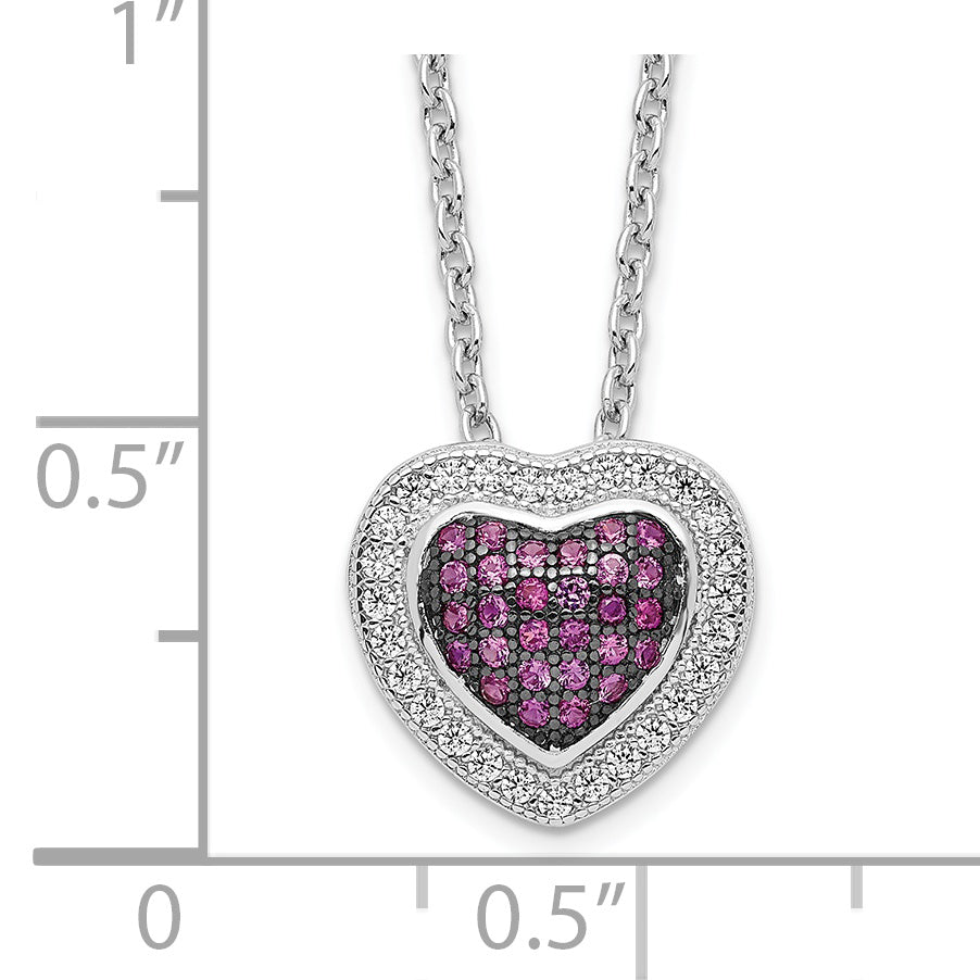 Brilliant Embers Sterling Silver Rhodium-plated 112 Stone 18 inch with 2 inch extender Lobster Clasp Micro PavÃƒÂ¢Ã¢Â‚Â¬Ã…Â¡ Red and White CZ Heart Necklace with 2 Inch Extender