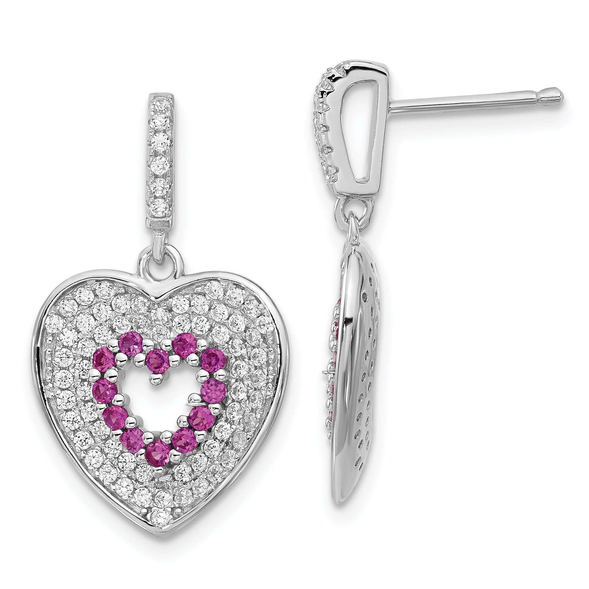 Sterling Silver Brilliant Embers Pink & Clear CZ Heart Dangle Post Earrings Main image
