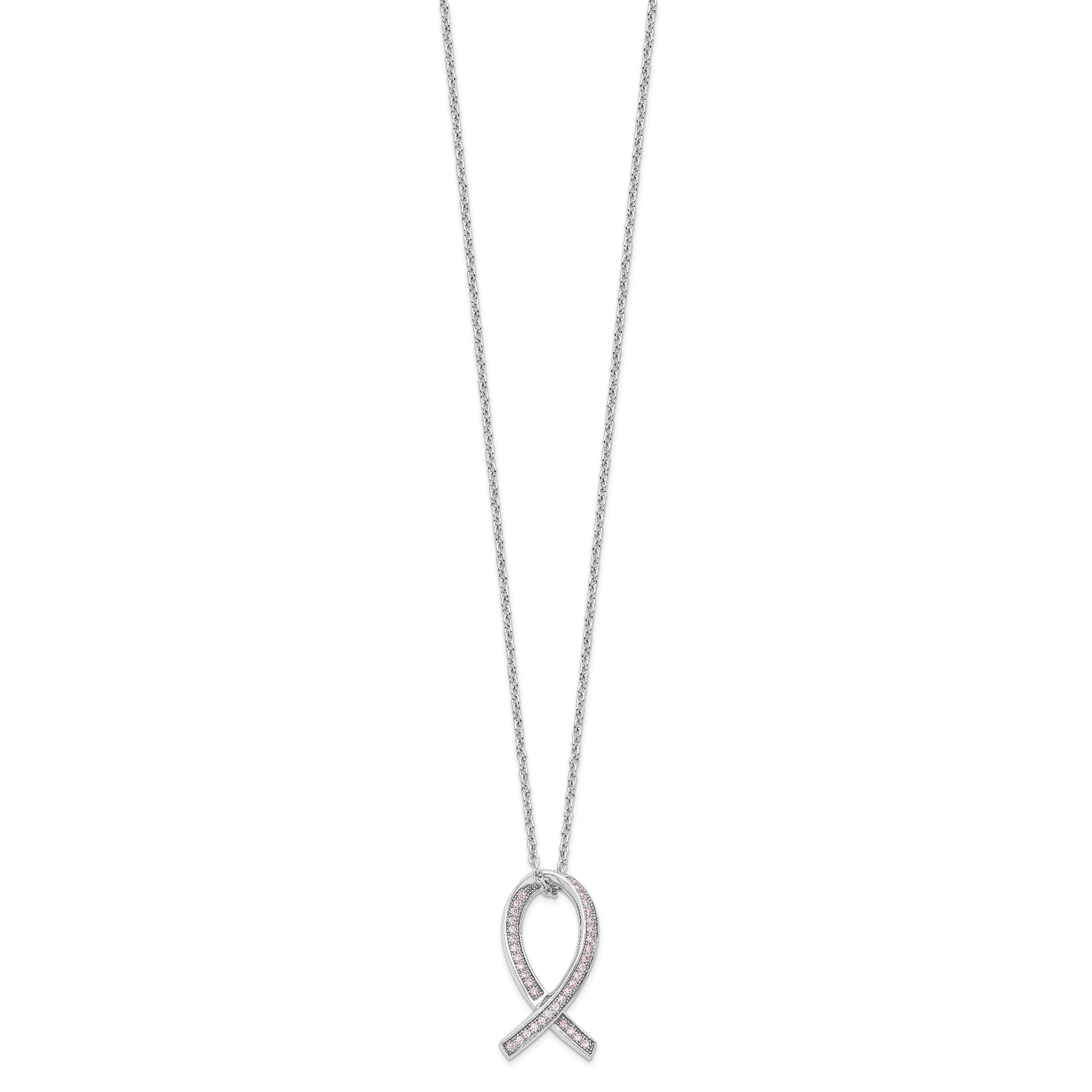 Brilliant Embers Sterling Silver Rhodium-plated 38 Stone 18 inch Micro Pav‚ Pink CZ Awareness Ribbon Necklace with 2 Inch Extender