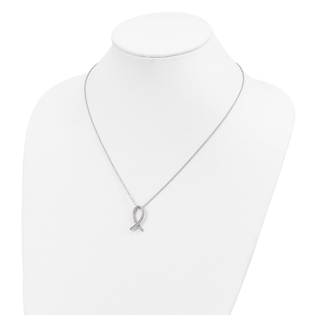 Sterling Silver 925 Pink CZ Awareness Ribbon Necklace with Extender Elegant Gift