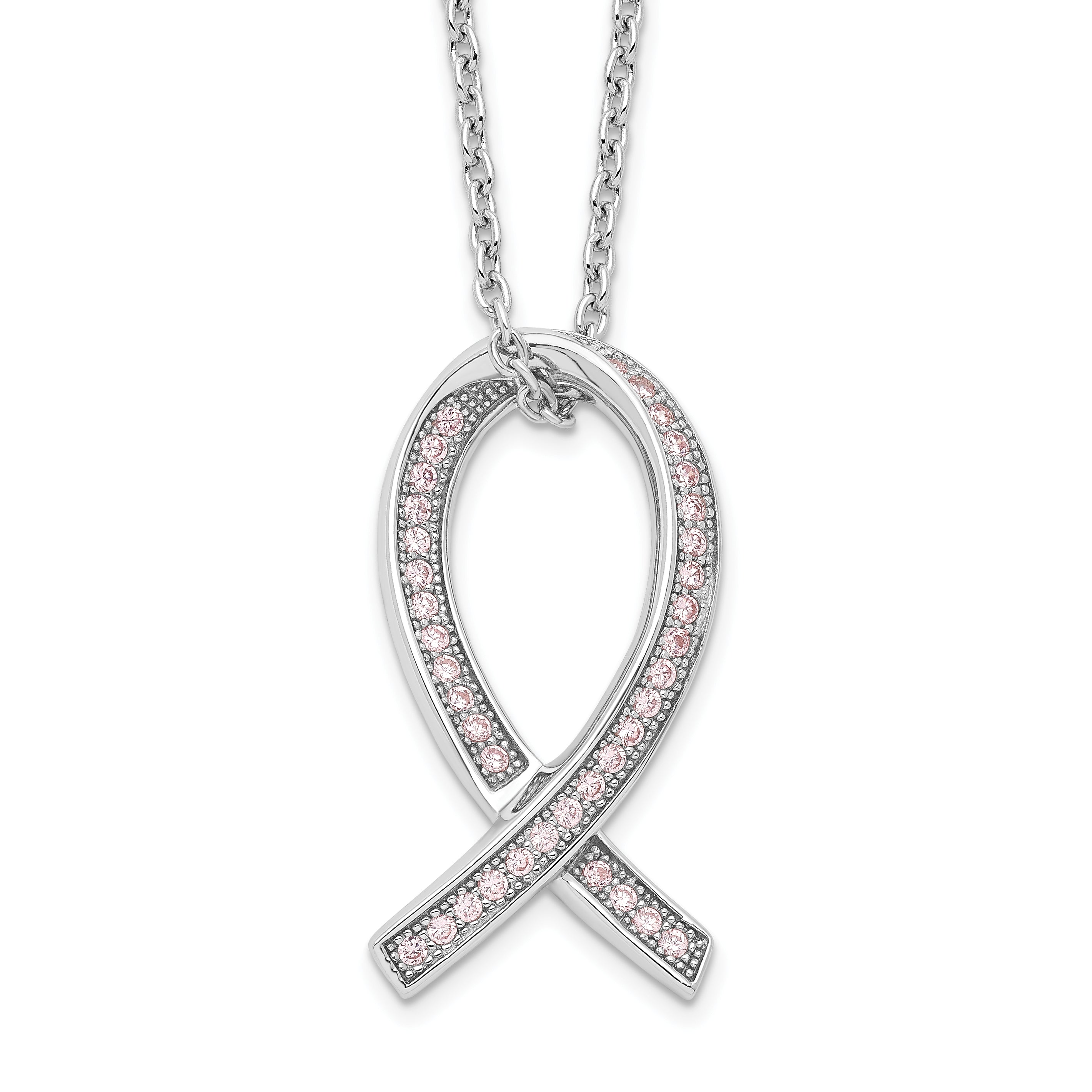 Brilliant Embers Sterling Silver Rhodium-plated 38 Stone 18 inch Micro Pav‚ Pink CZ Awareness Ribbon Necklace with 2 Inch Extender