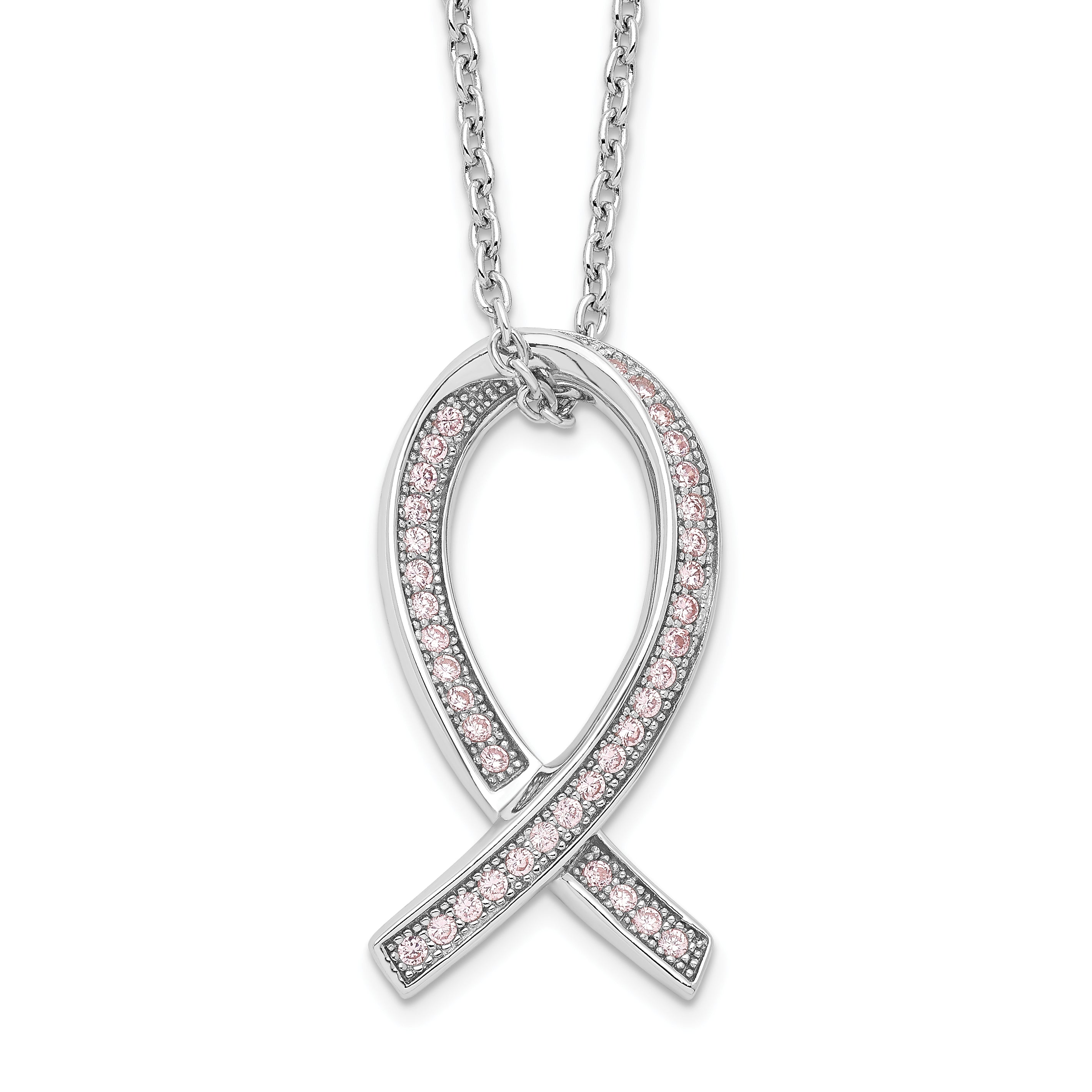Brilliant Embers Sterling Silver Rhodium-plated 38 Stone 18 inch Micro Pav‚ Pink CZ Awareness Ribbon Necklace with 2 Inch Extender Main image