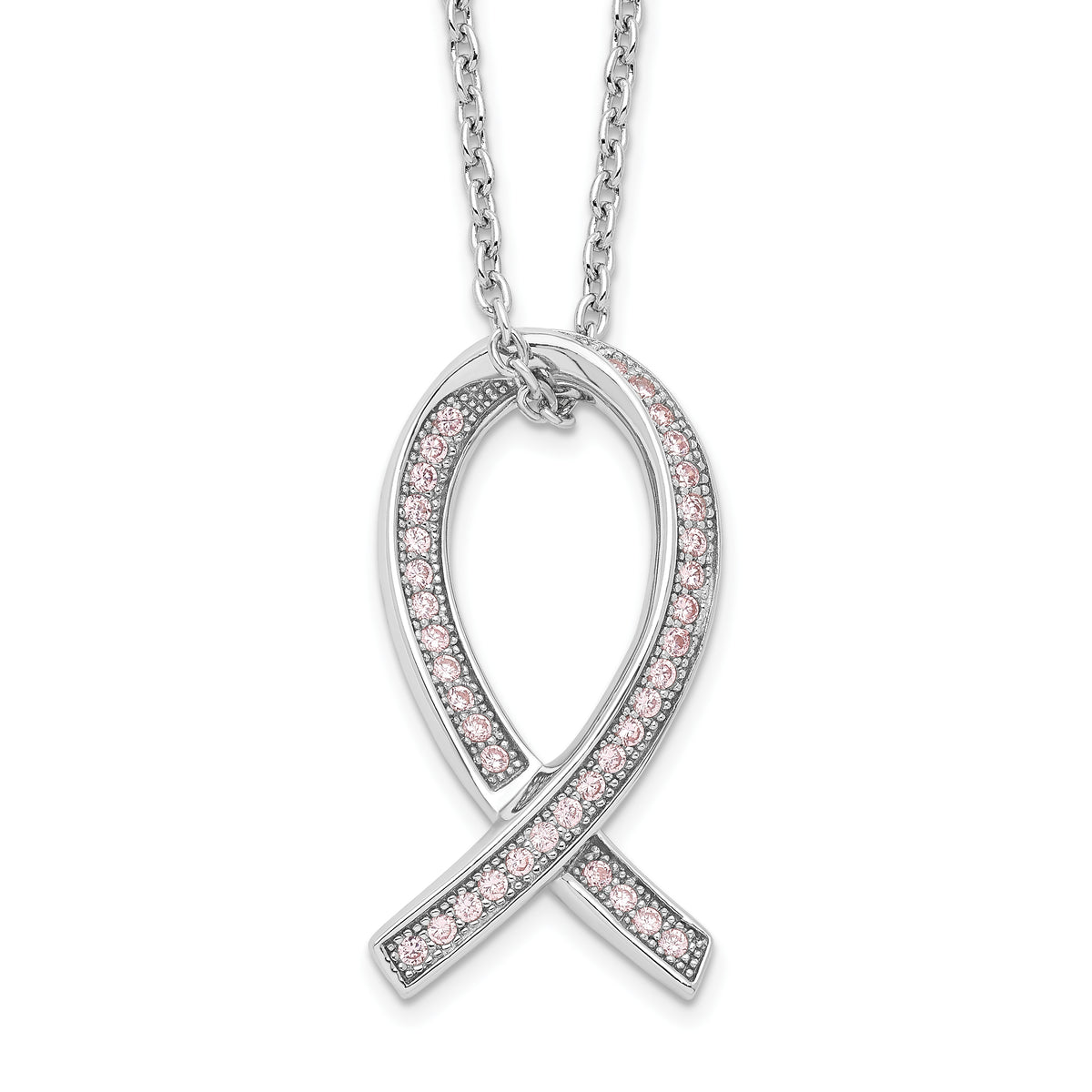 Brilliant Embers Sterling Silver Rhodium-plated 38 Stone 18 inch Micro Pav‚ Pink CZ Awareness Ribbon Necklace with 2 Inch Extender