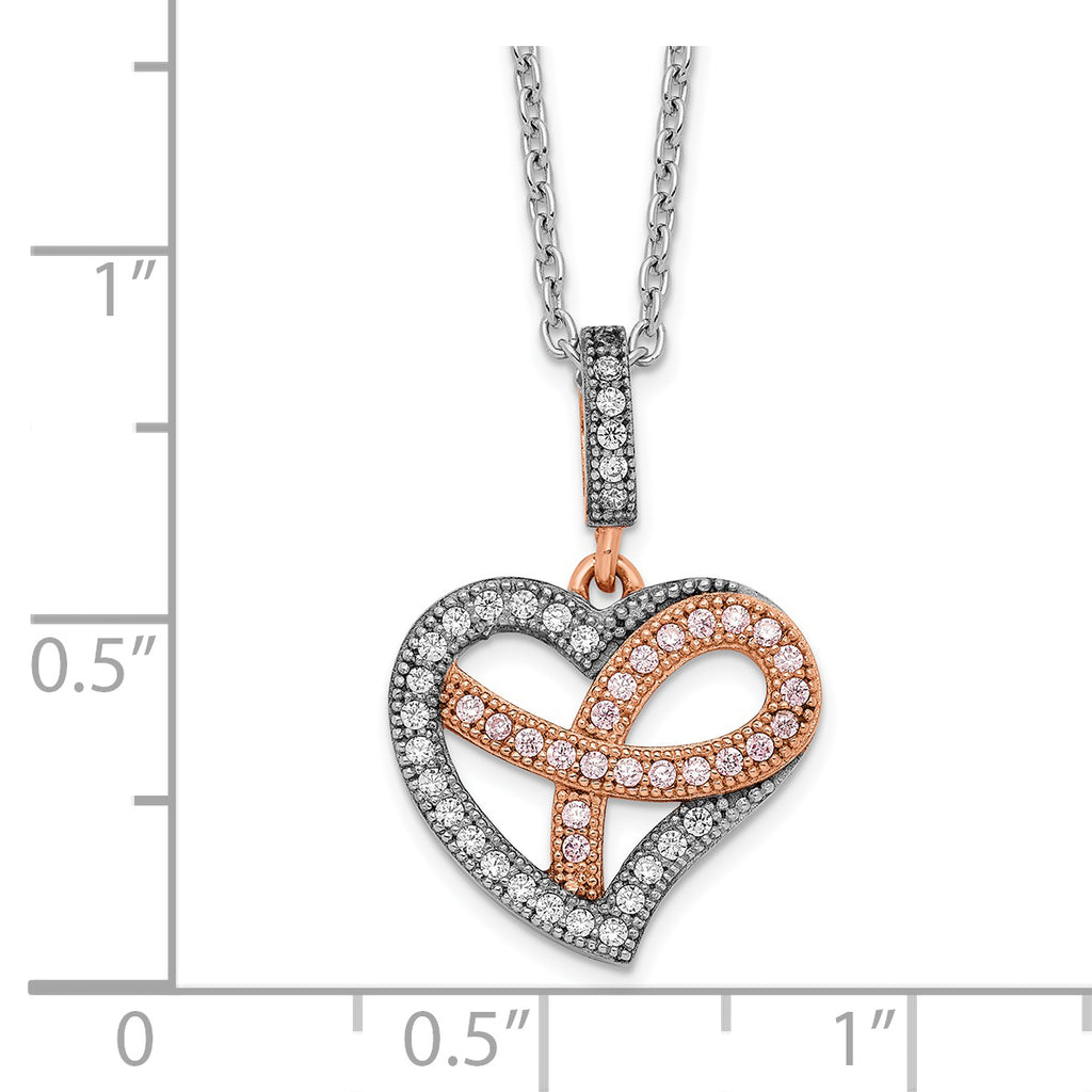 Brilliant Embers Sterling Silver Two-Tone CZ Heart Necklace with Extender