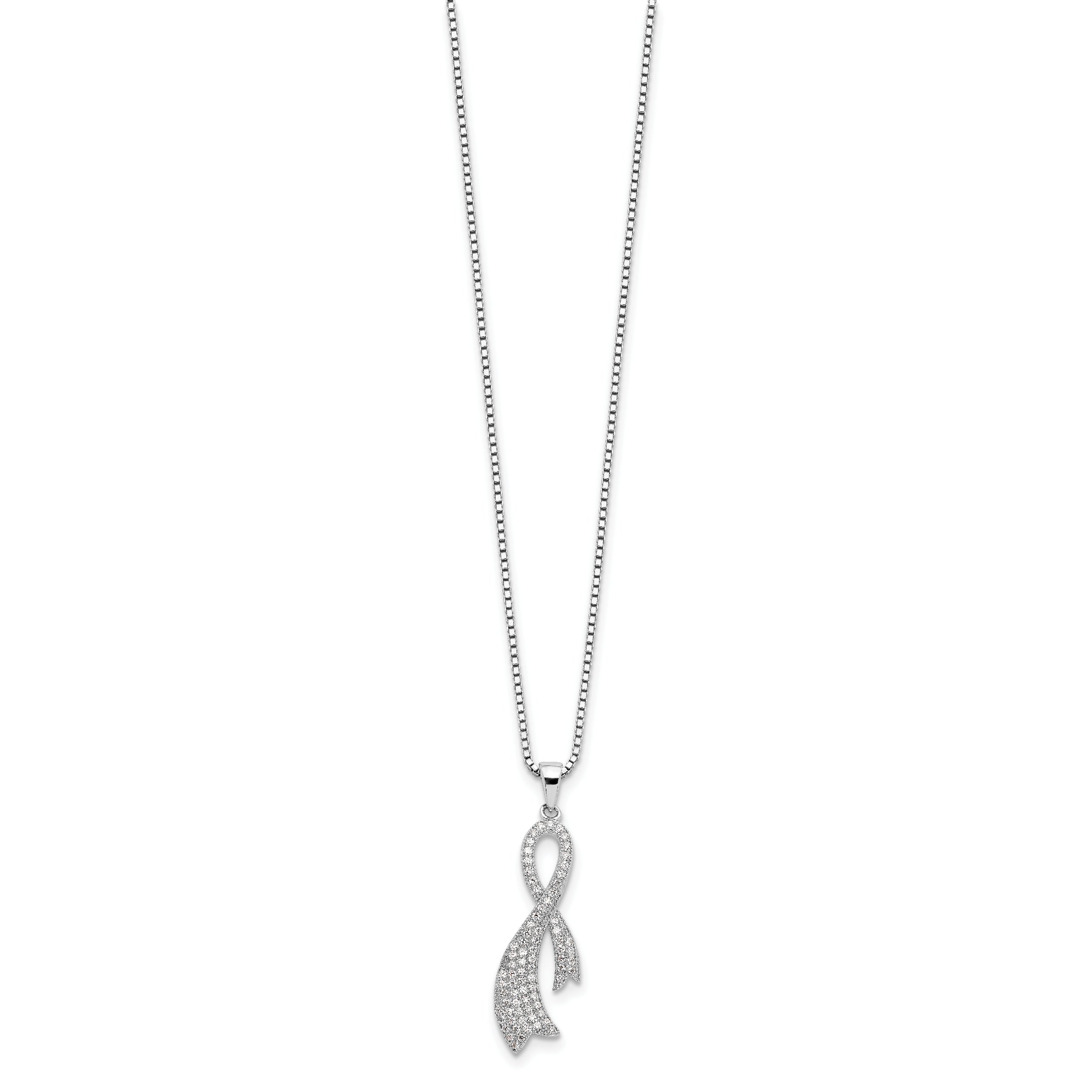 Sterling Silver 78 Stone CZ Ribbon Necklace with Rhodium Plate