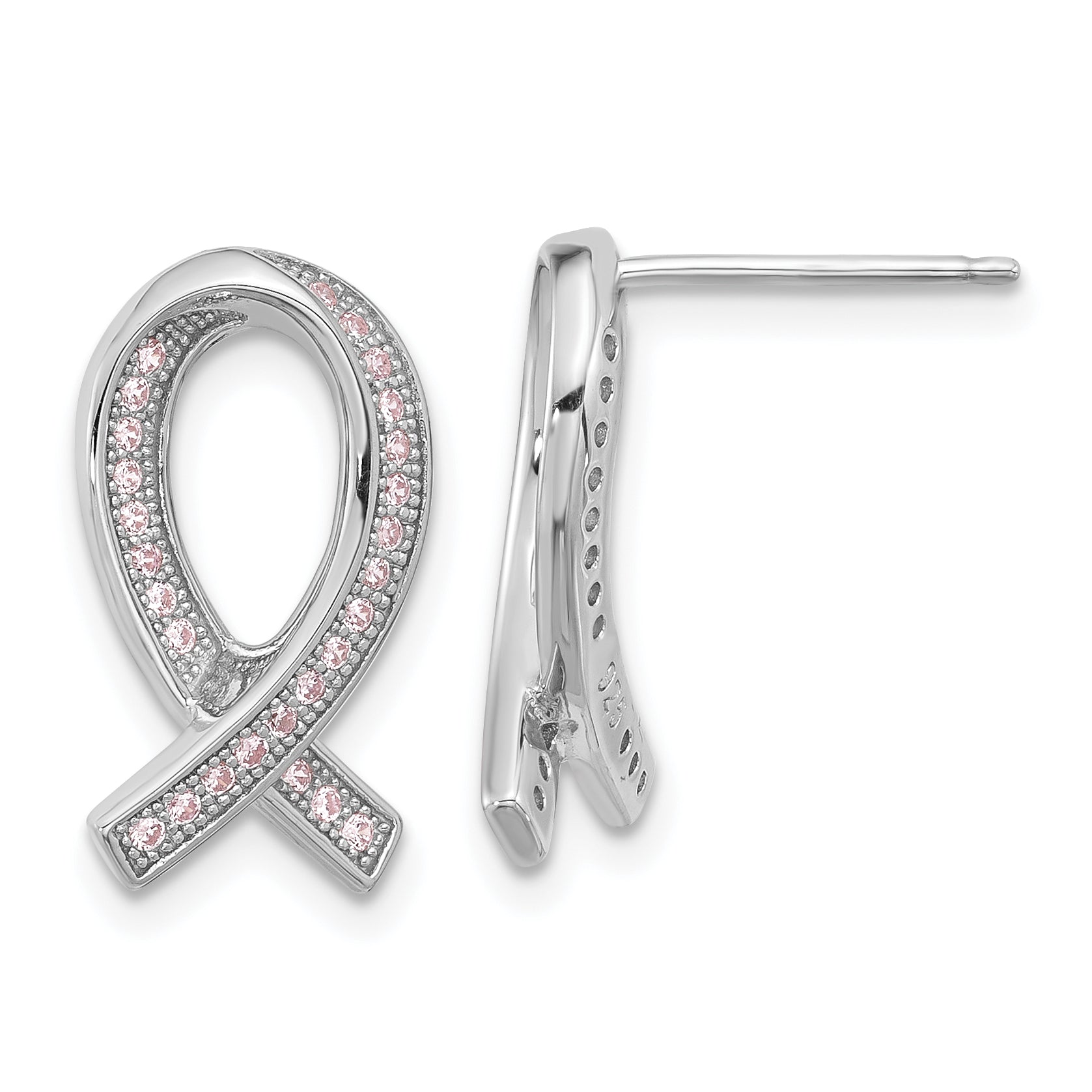 Brilliant Embers Sterling Silver Rhodium-plated 52 Stone Micro Pav‚ Pink CZ Awareness Ribbon Post Earrings Main image