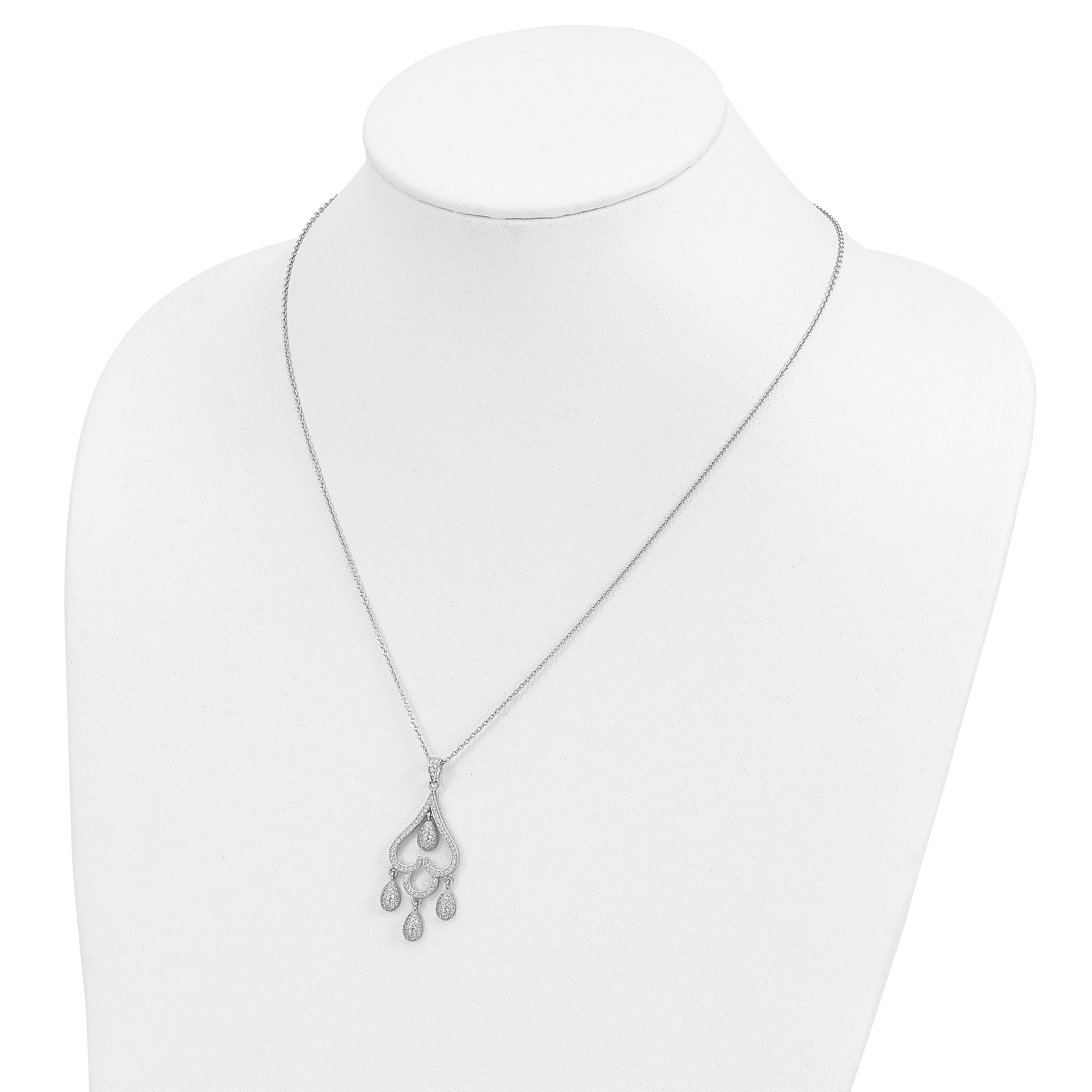 Sterling Silver CZ Heart Teardrop Necklace with Rhodium-Plated Chain