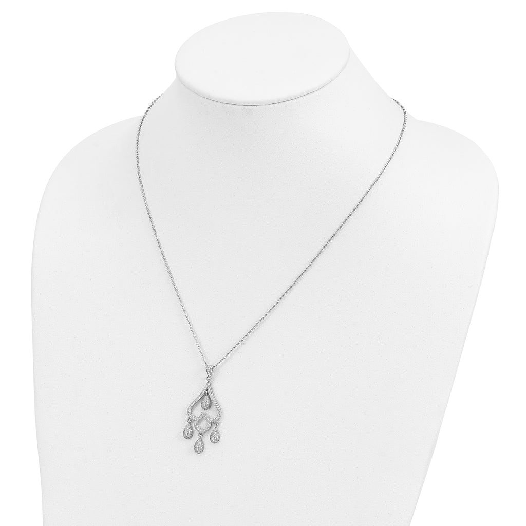 Sterling Silver CZ Heart Teardrop Necklace with Rhodium-Plated Chain