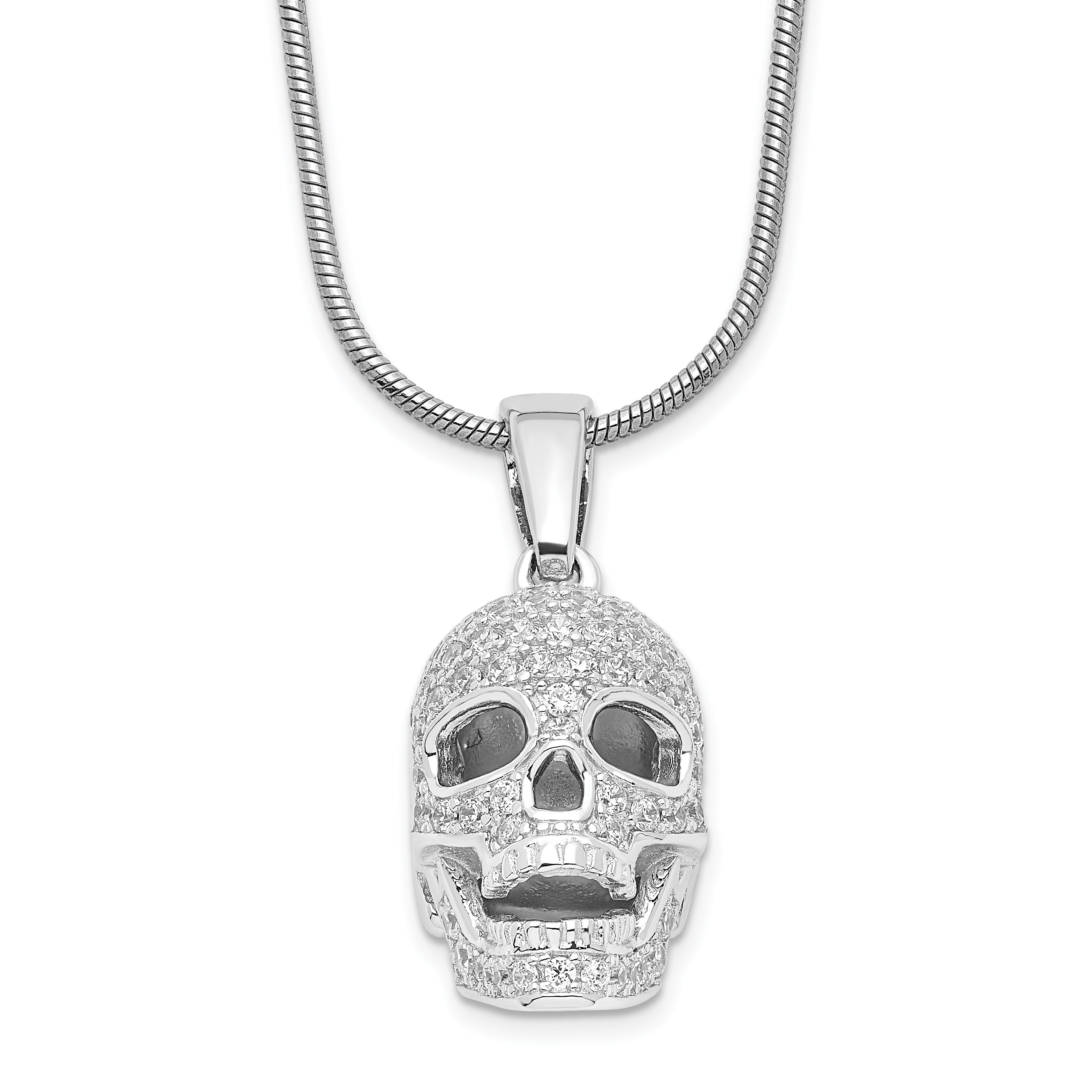 Brilliant Embers Sterling Silver Rhodium-plated 88 Stone 18 inch Micro Pav‚ CZ Polished Skull Necklace with 2 Inch Extender