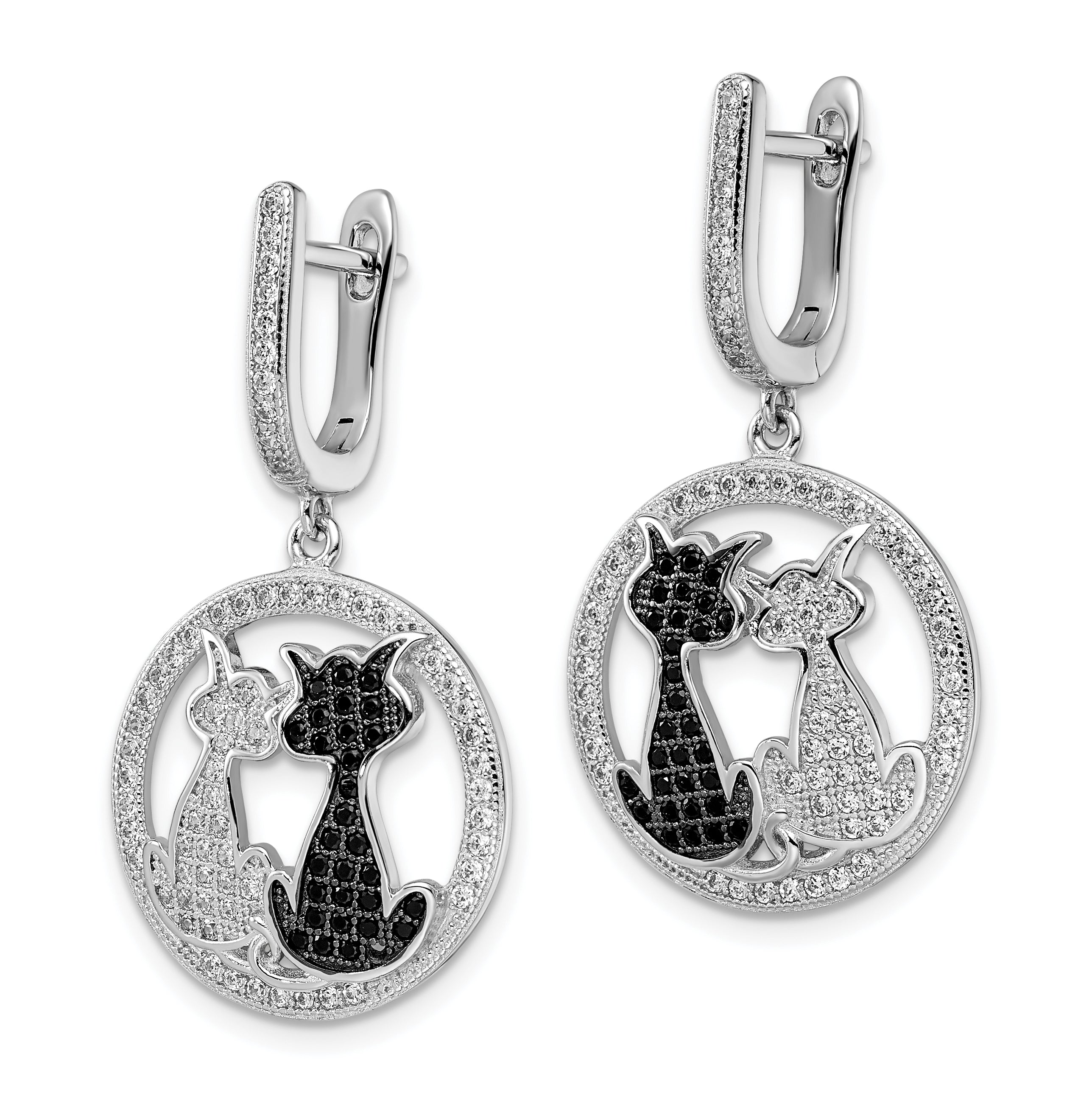 Sophia Jewelers Sterling Silver Cat Dangle Earrings with Black & White CZ