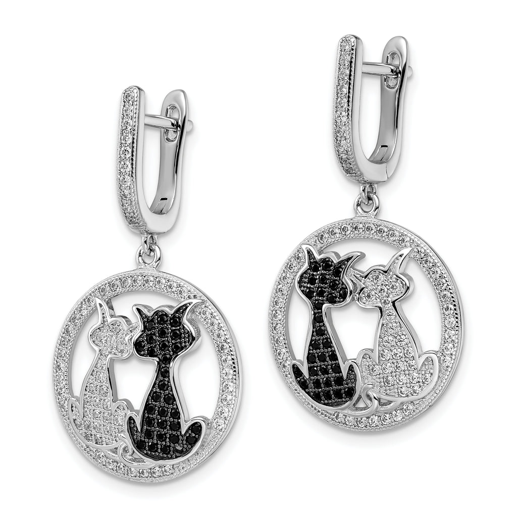 Sophia Jewelers Sterling Silver Cat Dangle Earrings with Black & White CZ