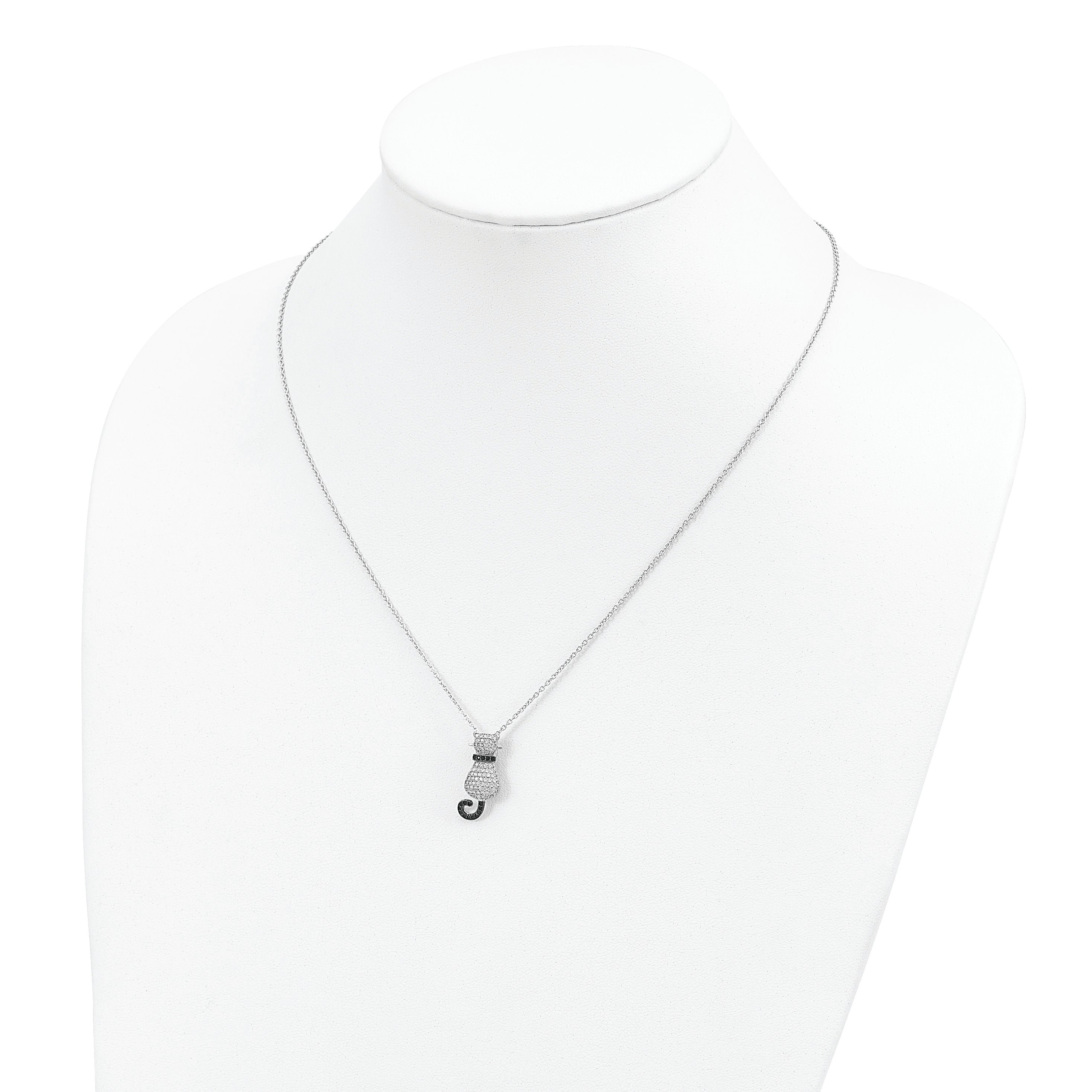 Brilliant Embers Sterling Silver Rhodium-plated 80 Stone 18 inch Micro Pav‚ Black and White CZ Polished Cat Necklace with 2 Inch Extender