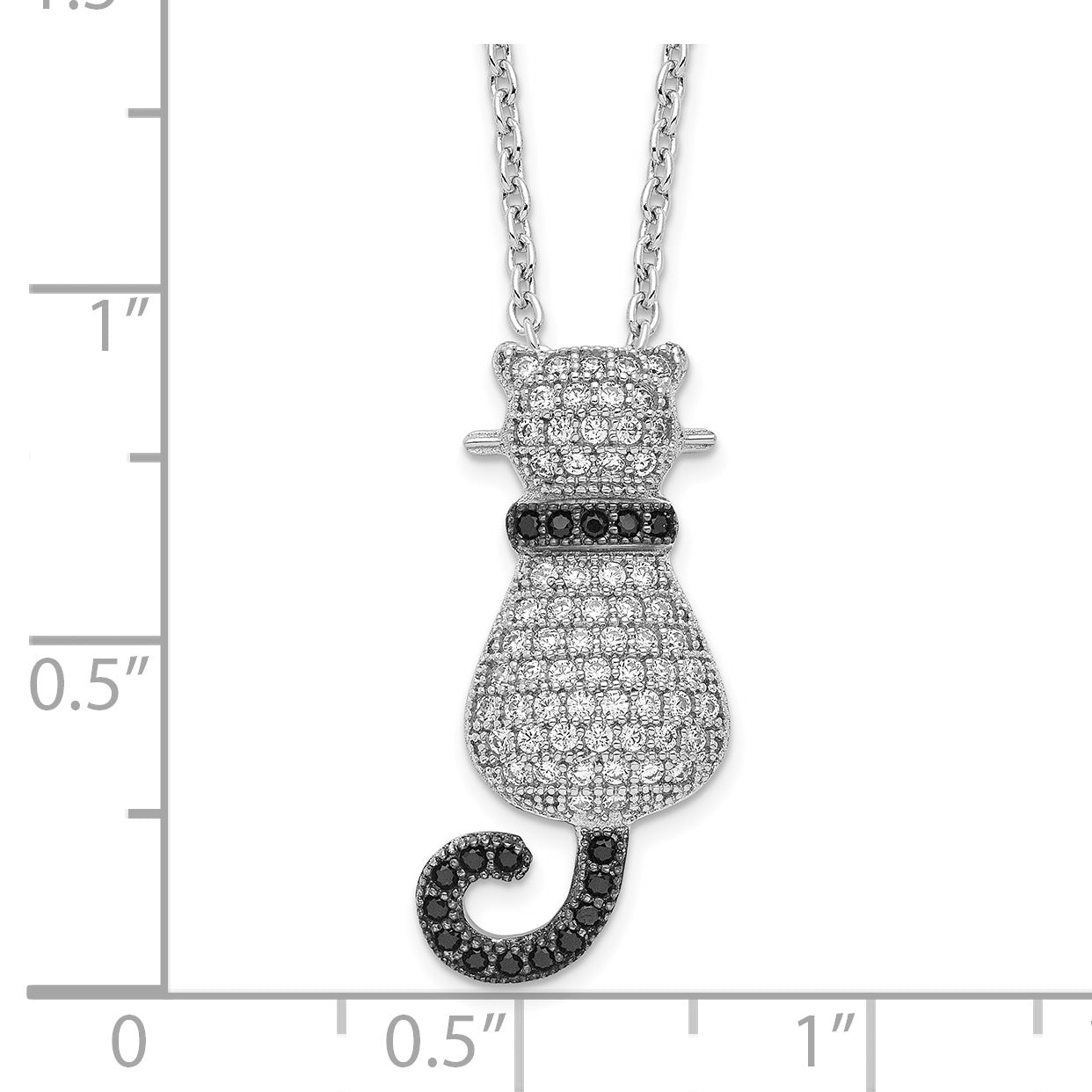 Brilliant Embers Sterling Silver Rhodium-plated 80 Stone 18 inch Micro Pav‚ Black and White CZ Polished Cat Necklace with 2 Inch Extender