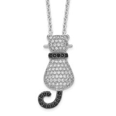 Brilliant Embers Sterling Silver Rhodium-plated 80 Stone 18 inch Micro Pav‚ Black and White CZ Polished Cat Necklace with 2 Inch Extender