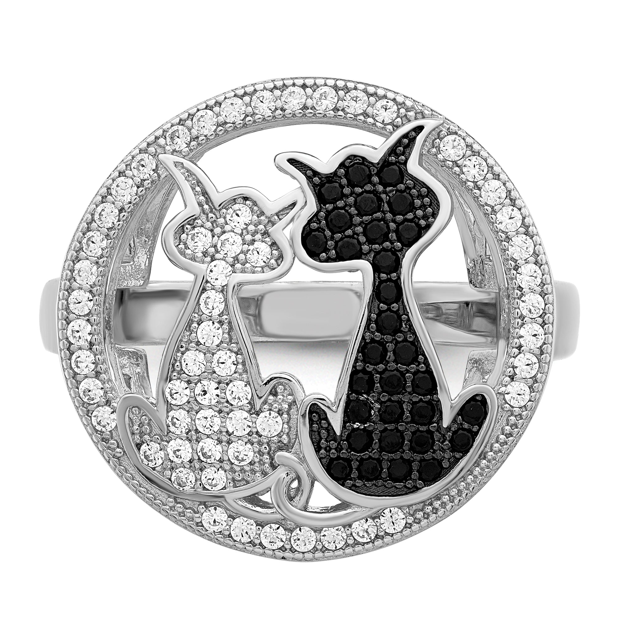 Brilliant Embers Sterling Silver Rhodium-plated 87 Stone Micro PavÃ¢Â€Âš Black and White CZ Polished Cat Ring