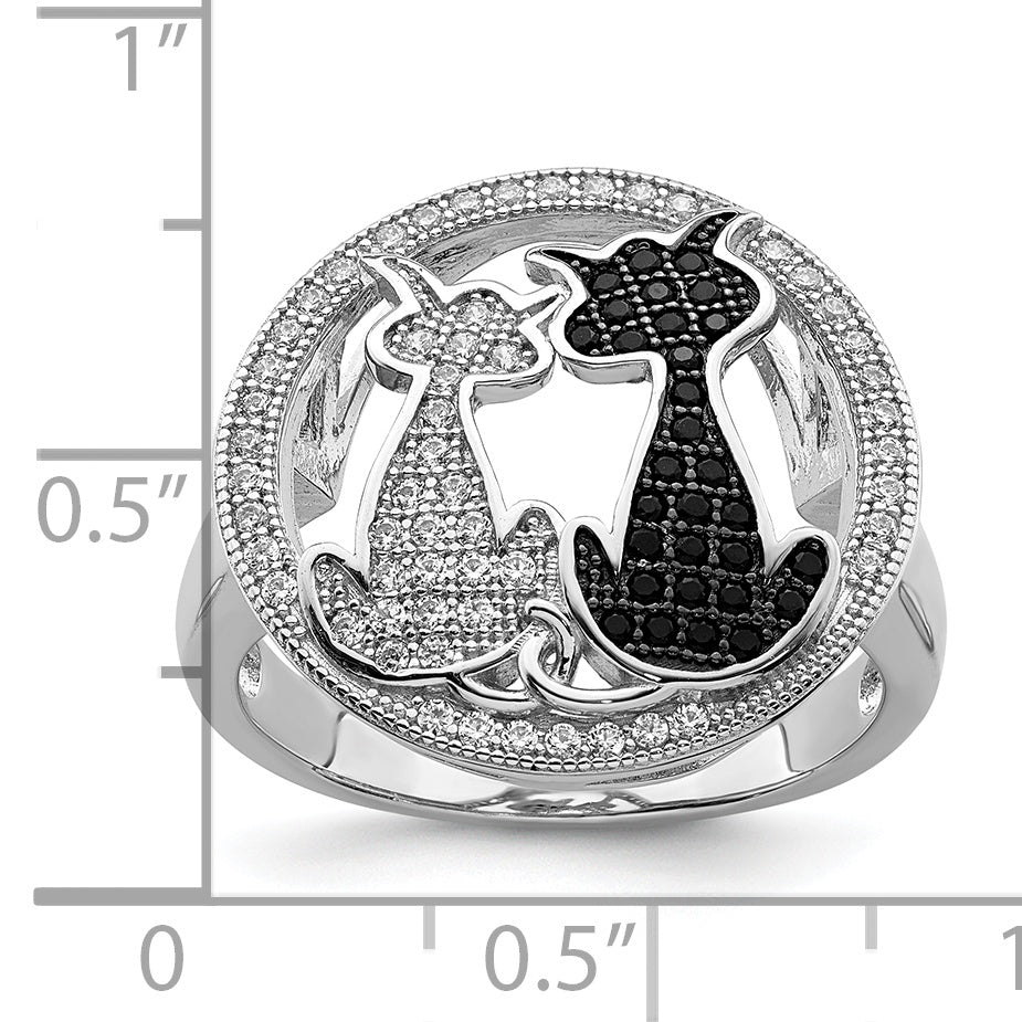 Brilliant Embers Sterling Silver Rhodium-plated 87 Stone Micro PavÃƒÂ¢Ã‚â‚¬Ã‚Å¡ Black and White CZ Polished Cat Ring